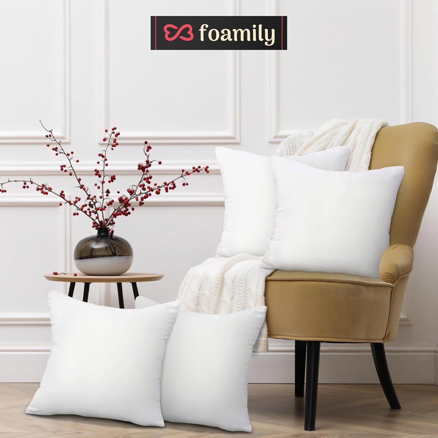 Foamily Throw Pillow Insert 16x16 (Set of 4) Premium Decorative Pillows for Couch, Bed & Living Room, Soft Fluffy Throw Pillows for Couch, Pillow Inserts for Home Decor