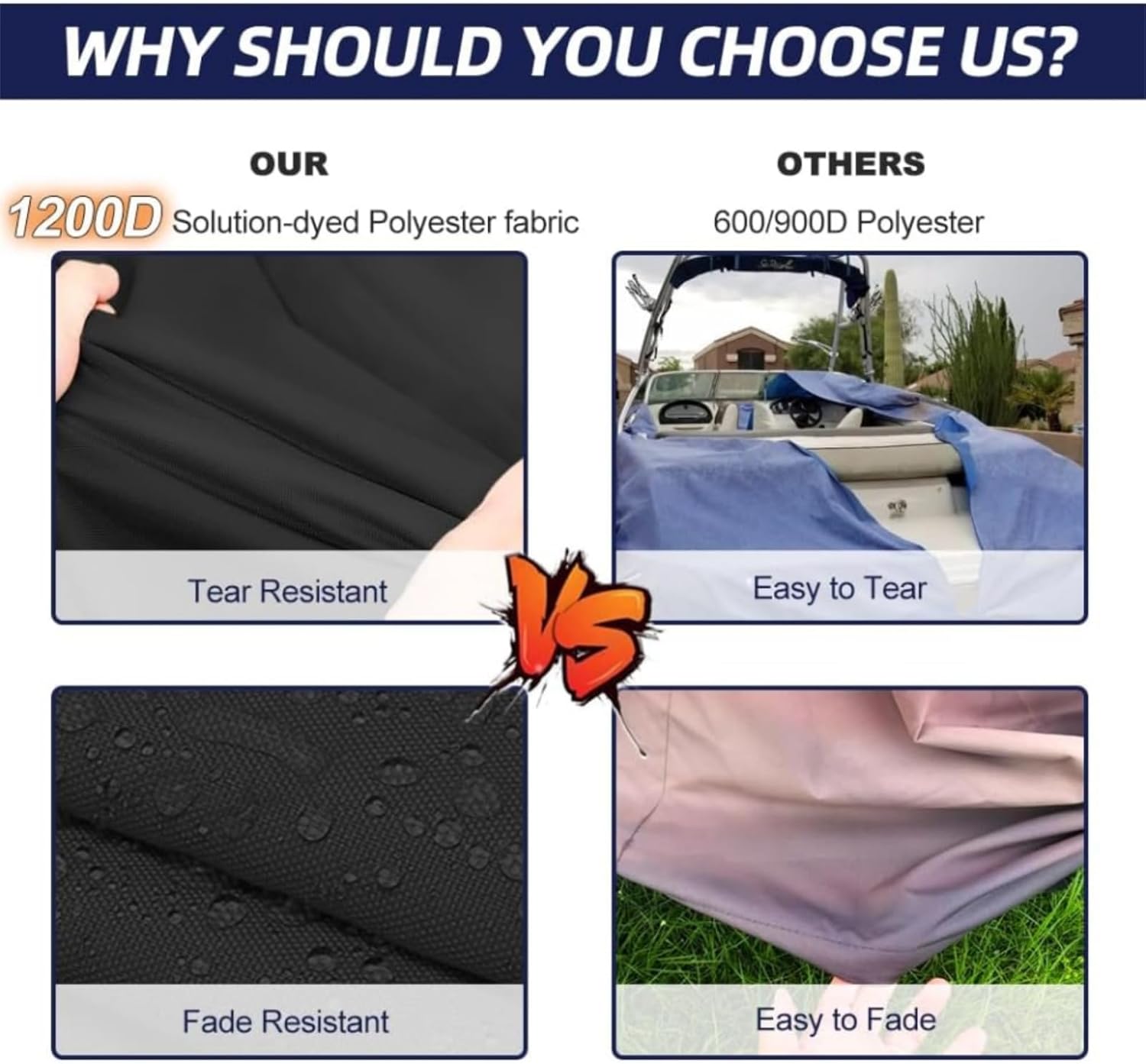 Comparison of 1200D fabric (tear and fade resistant) versus 600/900D polyester (easy to tear and fade).