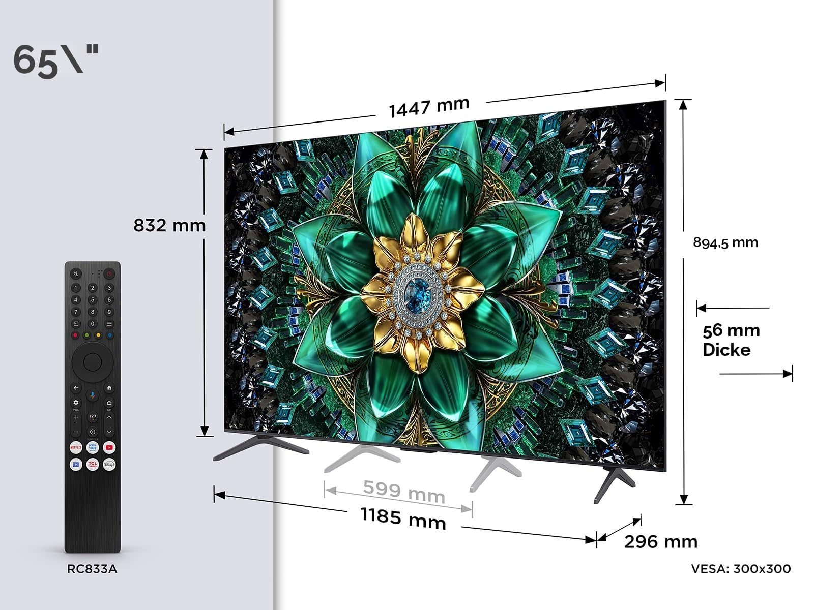 TCL 65Q6C 65 Zoll QD-Mini LED Fernseher, 4K HDR Premium 1000nits, Smart TV mit Google TV (Dolby Vision IQ & Atmos, Onkyo 2.1 Soundsystem, 144Hz Motion Clarity Pro, Game Master)
