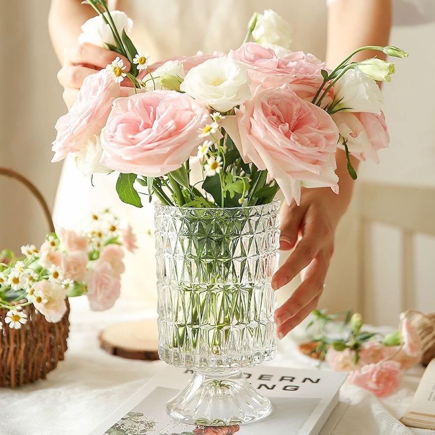 BLOFLO Embossed Glass Vase, 7'' Crystal Glass Vases