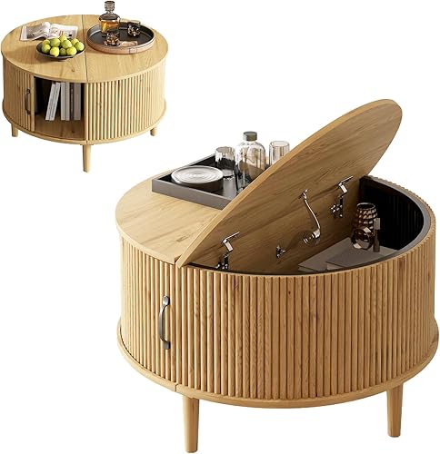 Mesa auxiliar redonda con almacenamiento de mantas, 31.5 pulgadas, moderna de mediados de siglo, mesa central acanalada para sala de estar para