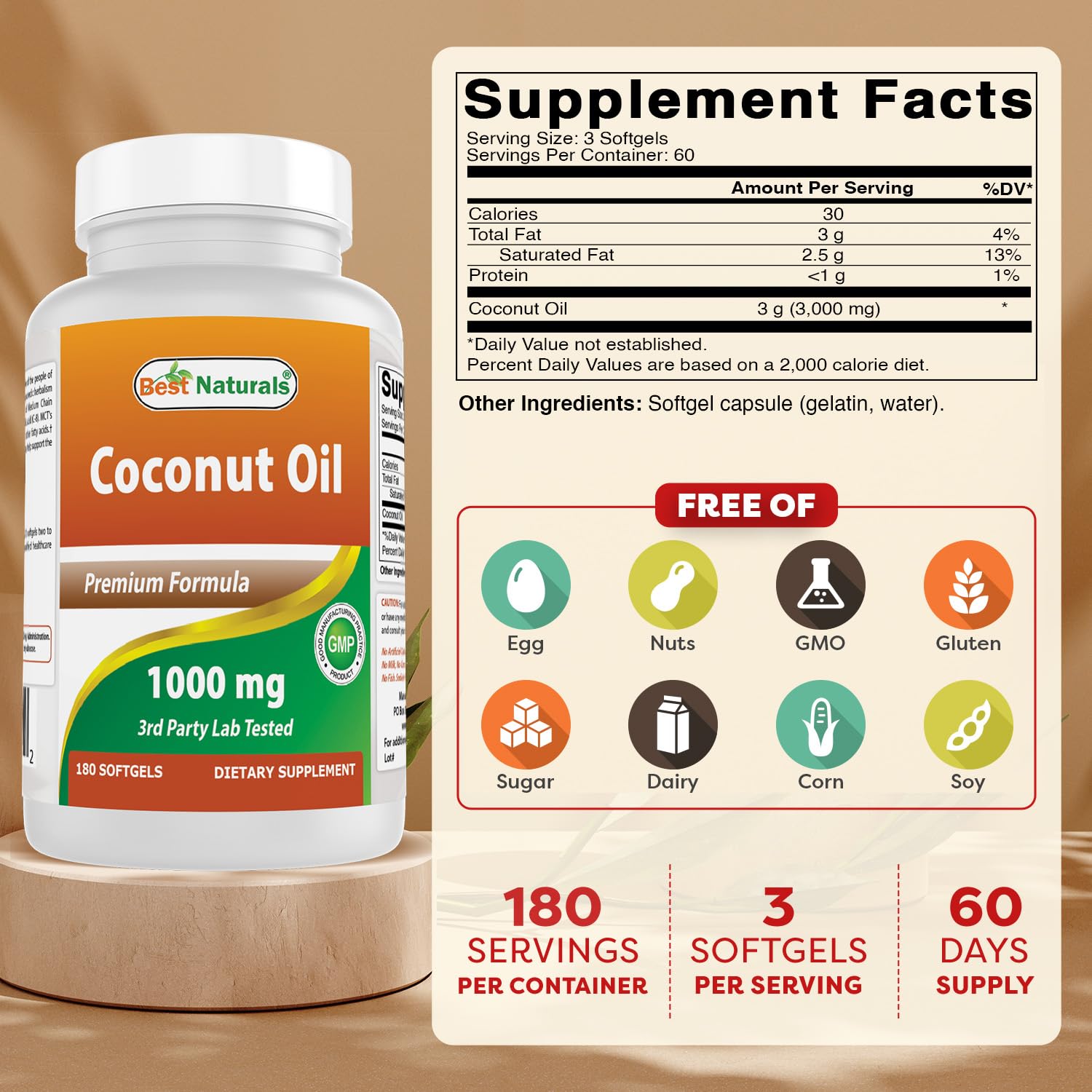 Best Naturals Extra Virgin Coconut Oil 1000 mg Softgel, 180 Count by Best Naturals