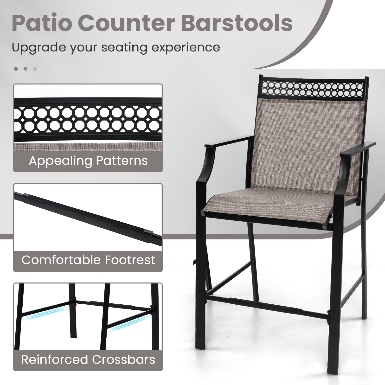 KOMFOTTEU Juego de 2 Sillas de Jardín, Silla Alta de Tela con Marco de Metal, Taburete de Bar con Respaldo y Reposabrazos, Silla de Comedor con Carga 180 kg para Terraza, 66 x 62 x 114 cm (Café)
