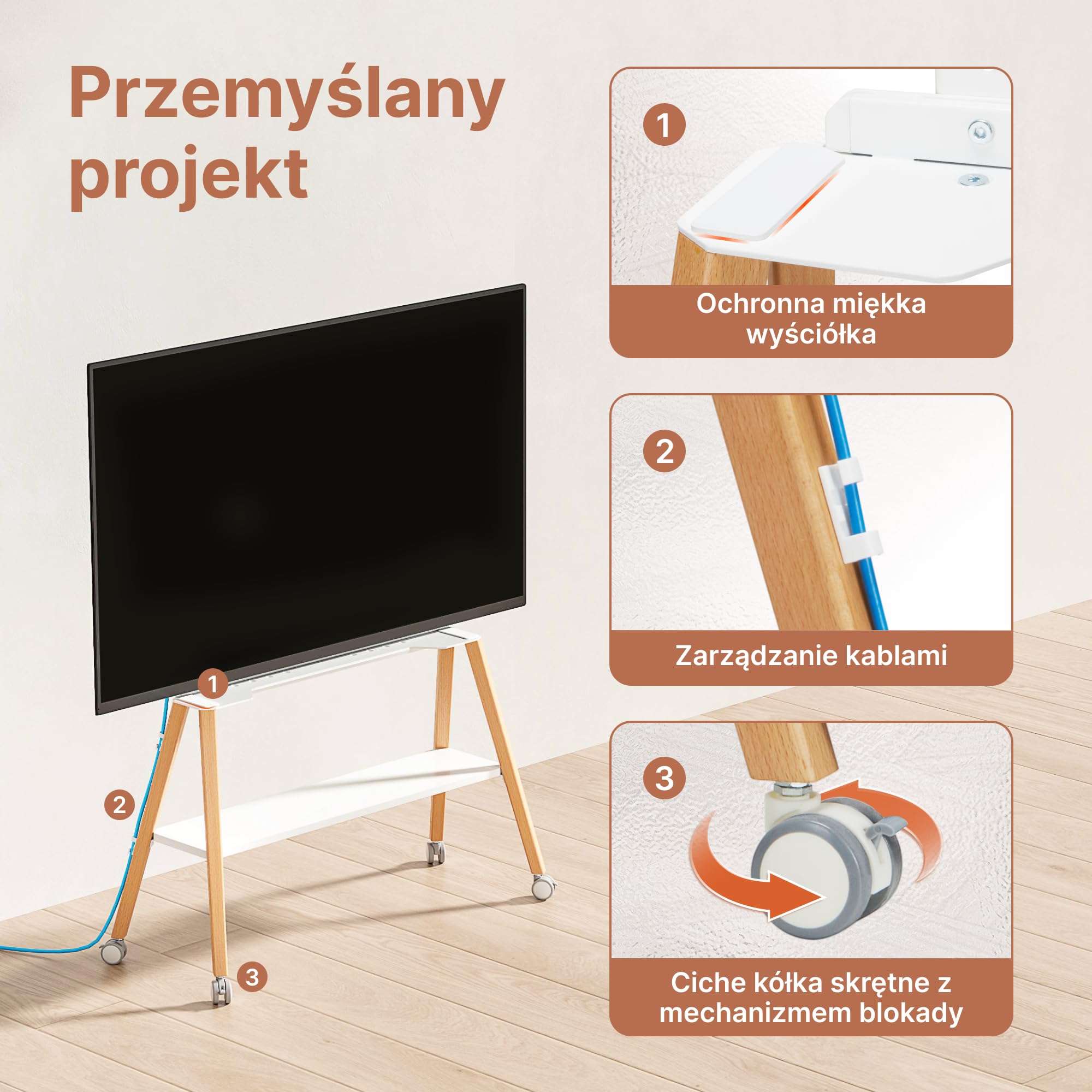 Easel Design z Stojak pod telewizor z kółkami, 49-75" do 40 kg | metalową strukturą i drewnianą półką, ruchomy stojak pod telewizor na kółkach do sklepu, biura, szkoły, domu, biały