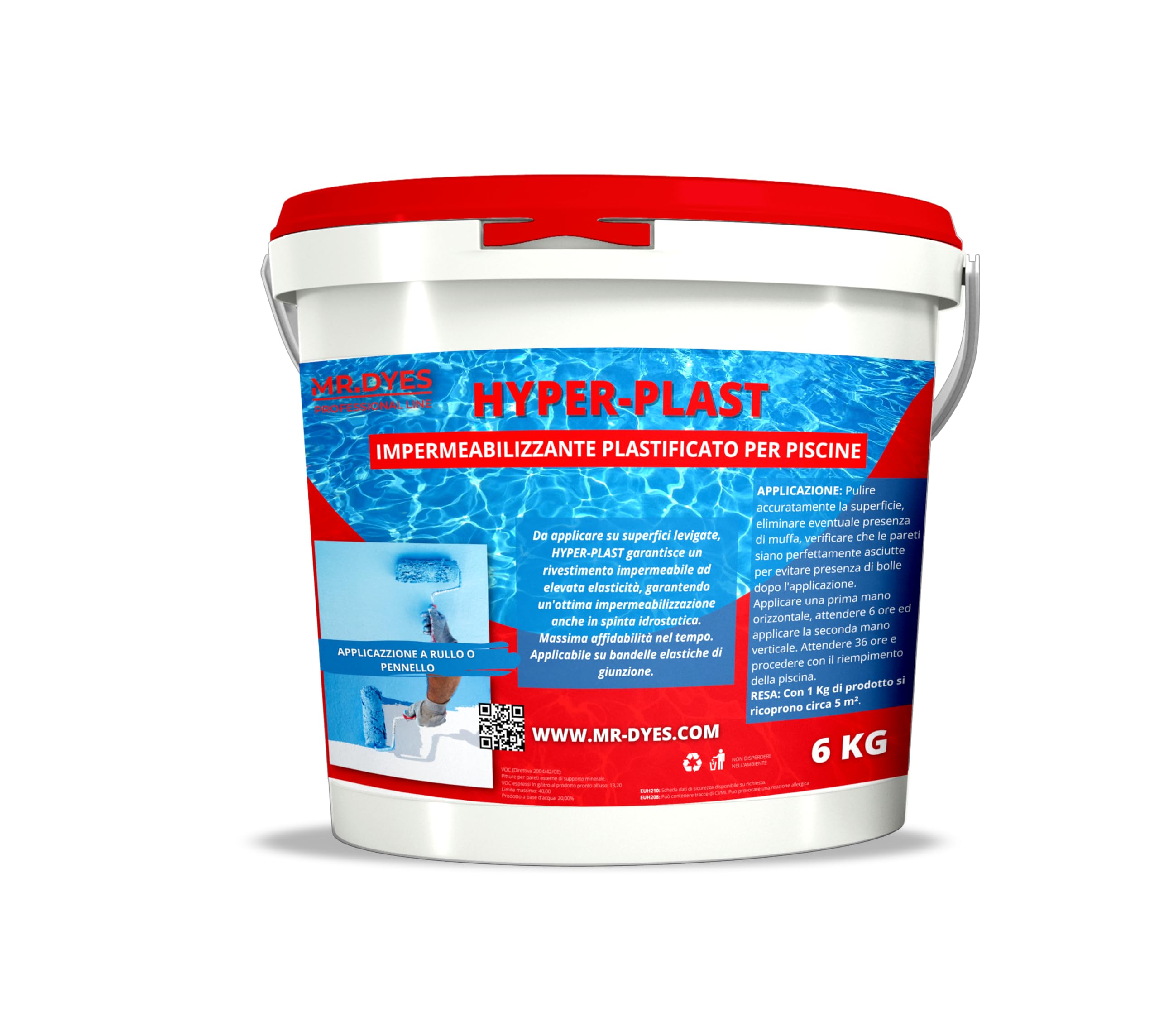 Hyper-Plast Vernice Impermeabilizzante per Piscine - Rivestimento Plastico, Idrorepellente, Facile Applicazione - Disponibile in Vari Colori e Formati. (Bianco RAL 9010, 6 KG)