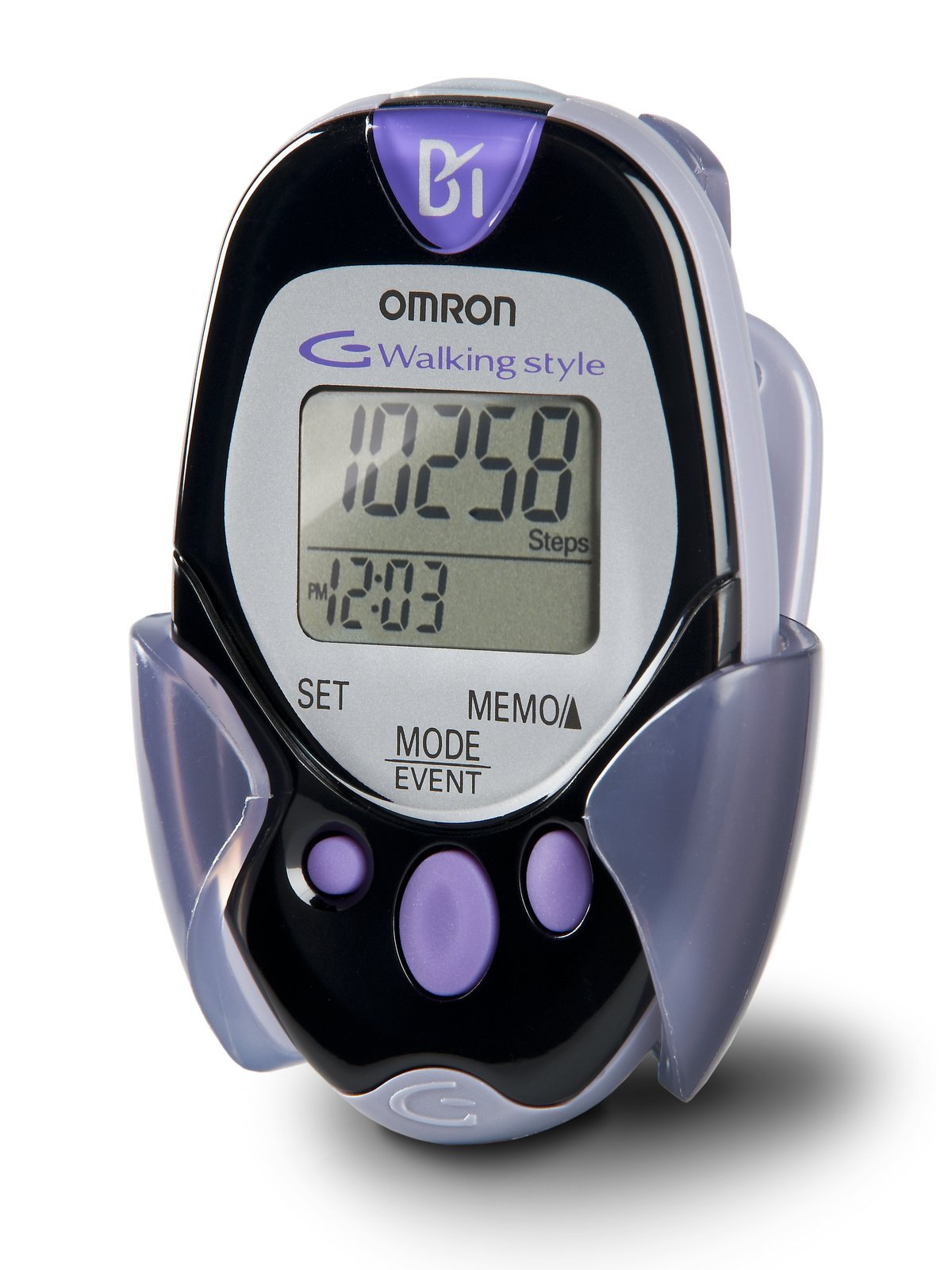 Close-up of Omron HJ-720ITC Pedometer display showing steps and time