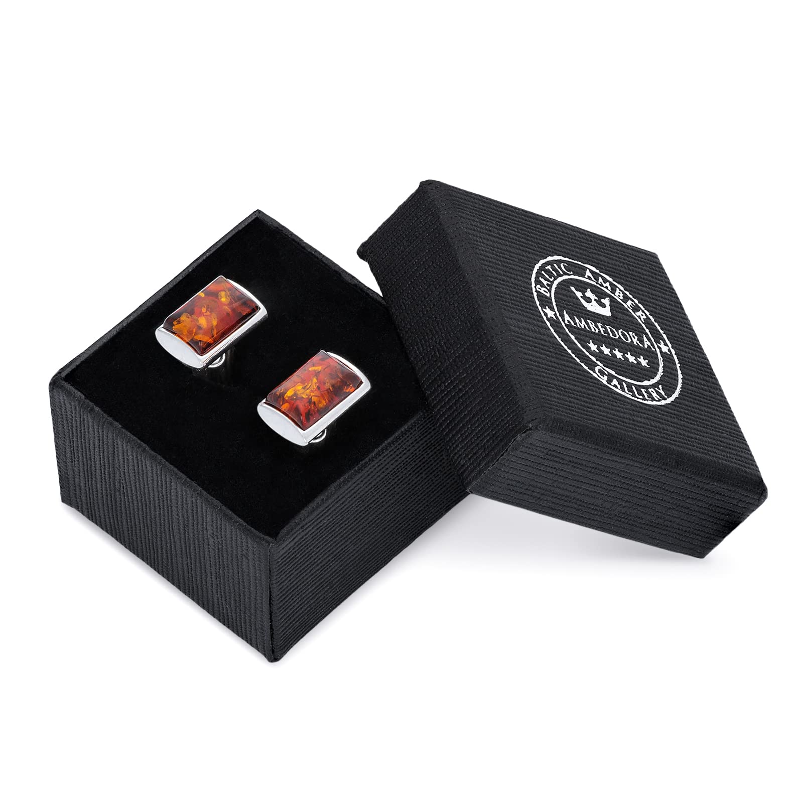 Herren Manschettenknöpfe Lombok aus Silber mit Bernstein, Moderne Form, Natürlicher Bernstein in Cognacfarbe, Geschenkset