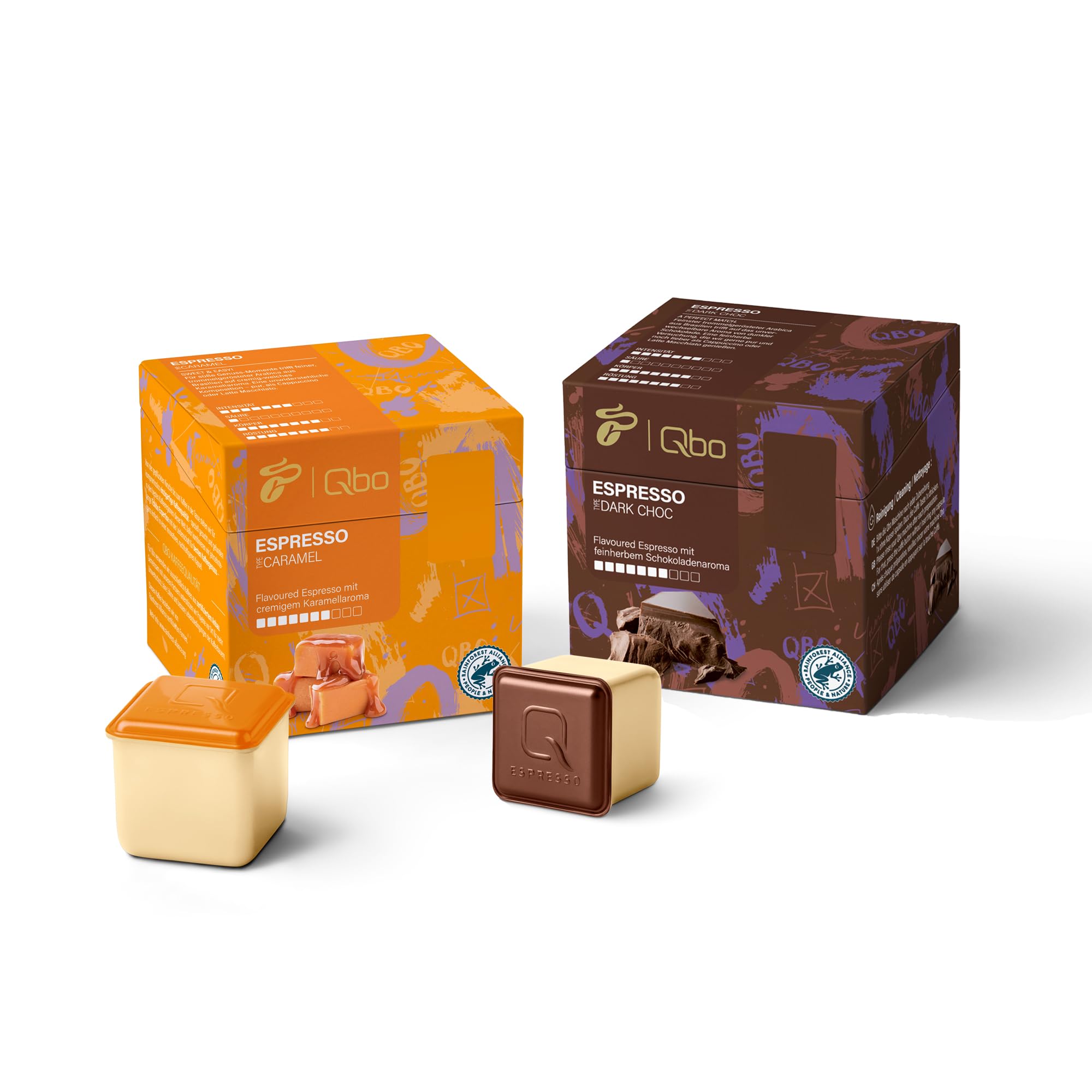 Tchibo Qbo Probierset Espresso Caramel & Dark Chocolate Premium Kaffeekapseln, je Sorte 2x8 Stück (Espresso, Intensität 7/10, aromatisch und schokoladig) nachhaltig, aus 70% nachwachsenden Rohstoffen