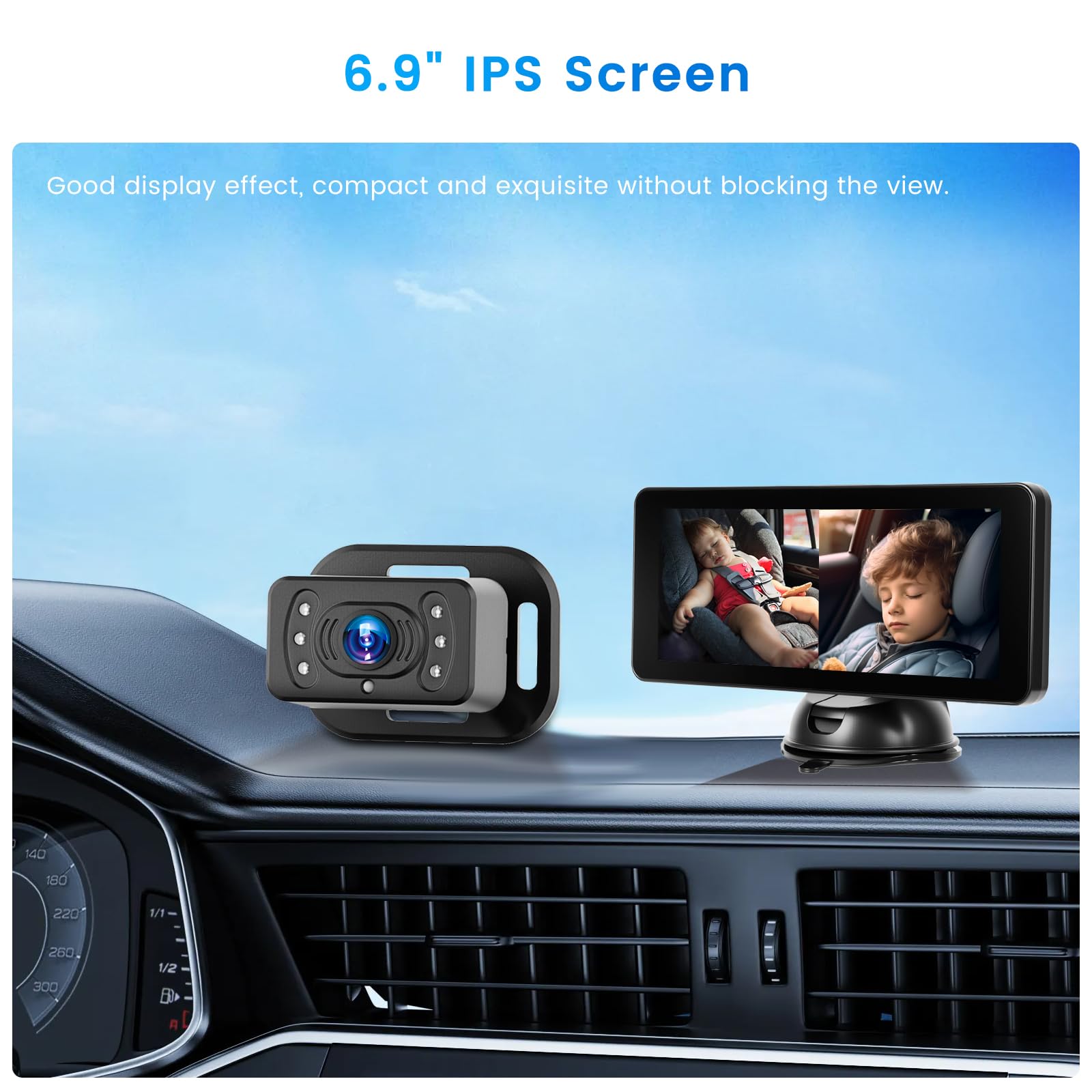 Hikity Monitor per Neonati in Auto - Stabilità Posteriore Telecamera Posteriore con Monitor da 6,9" per Seggiolino Auto - 2 Telecamere, Supporto Ventosa, DC 12V, Telecamera Auto Per Bambini