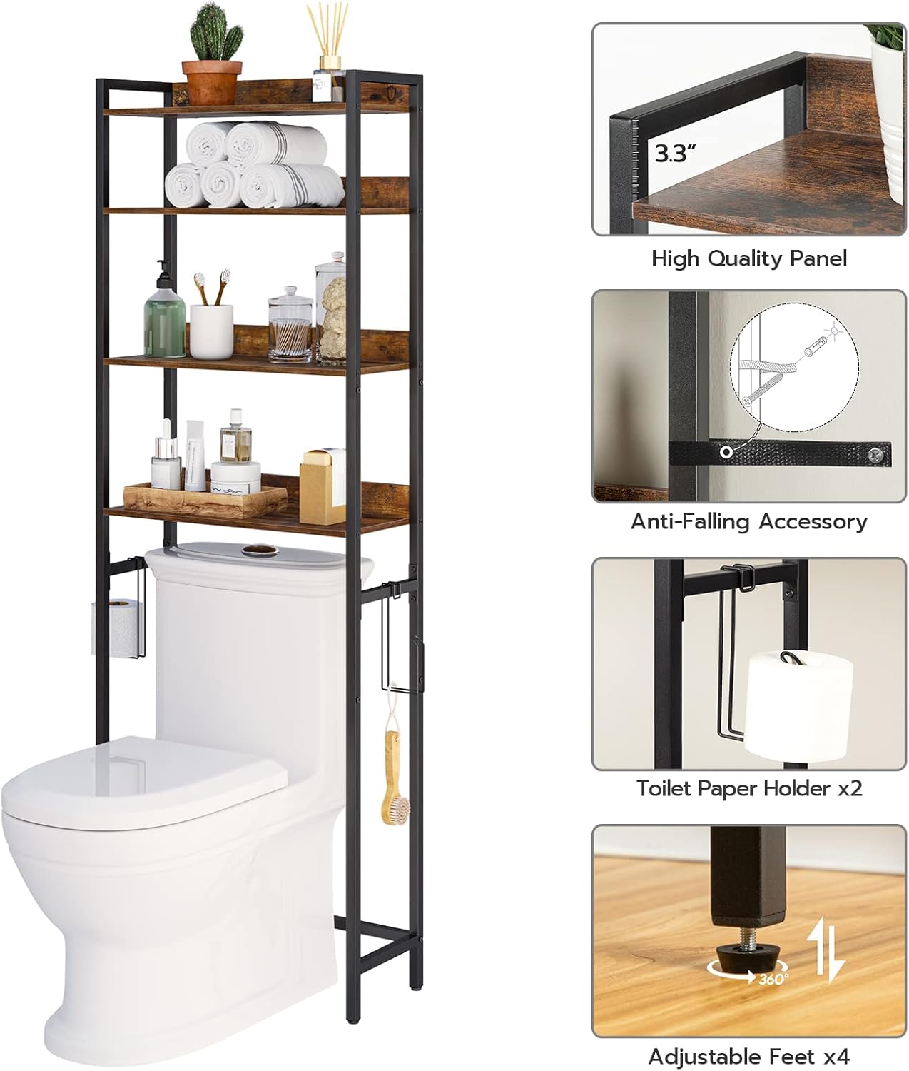 Over The Toilet Storage Rack, 4 Tier Bathroom Organizer Over Toilet, Freestanding Space Saver Toilet Stand with 2 Hooks, Bathroom Storage Shelf, Easy to Assemble, Rustic Brown TSHR0401Z - Image 5