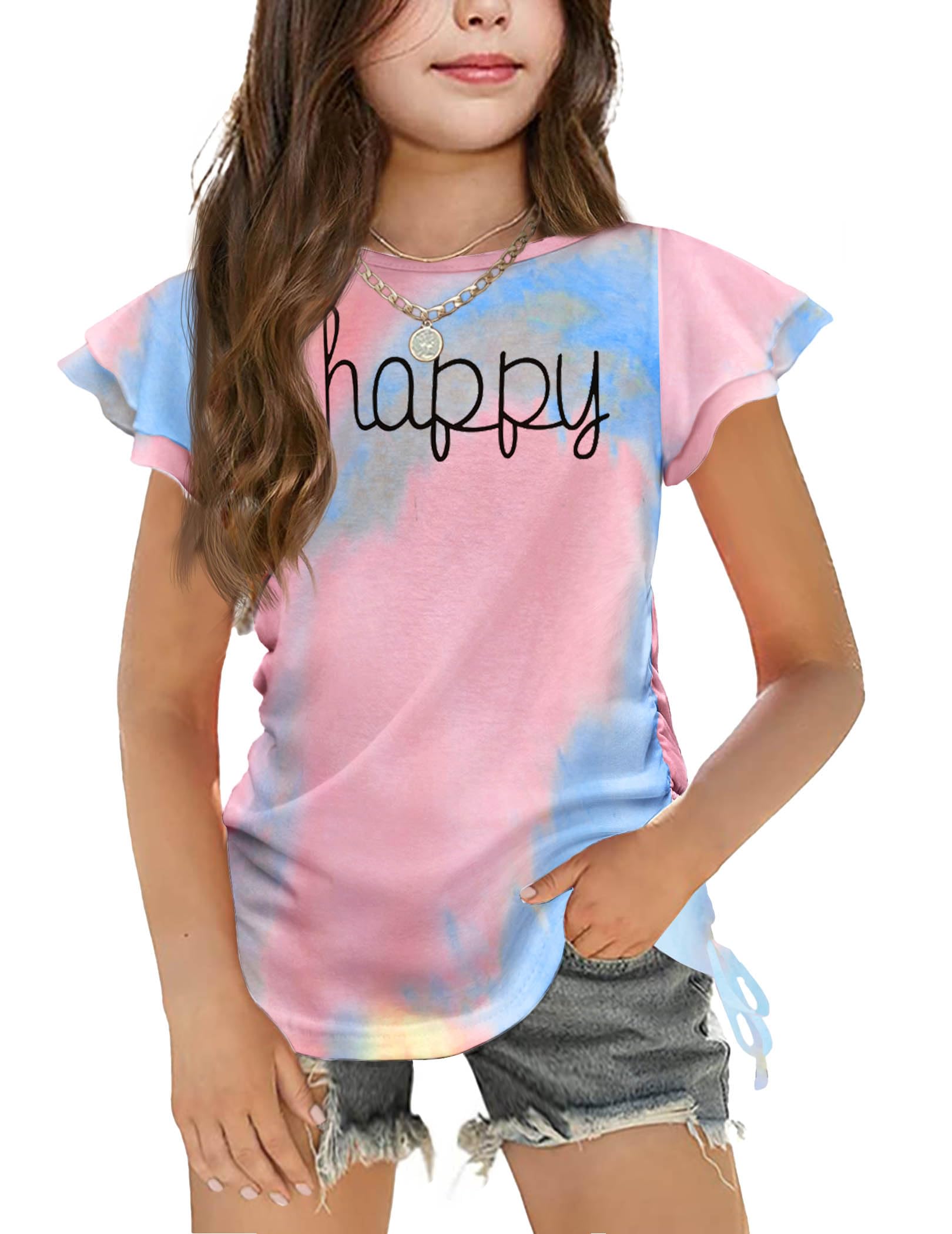 Arshiner Girls' T-Shirt Ruffle Sleeves Children's T-Shirt Crew Neck Top Casual Top Children's Clothing with Drawstring 5-12 Years
