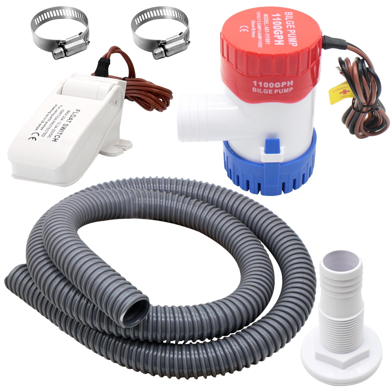 Bilge Pump Kit For Boats 12v, 1100 GPH Non-Automatic Pump Float Switch 12v 24 V 32 V with 1-1/8 Inch Plumbing Kit, Including Hose, Clamps, Thru Hull Connectors for Boats