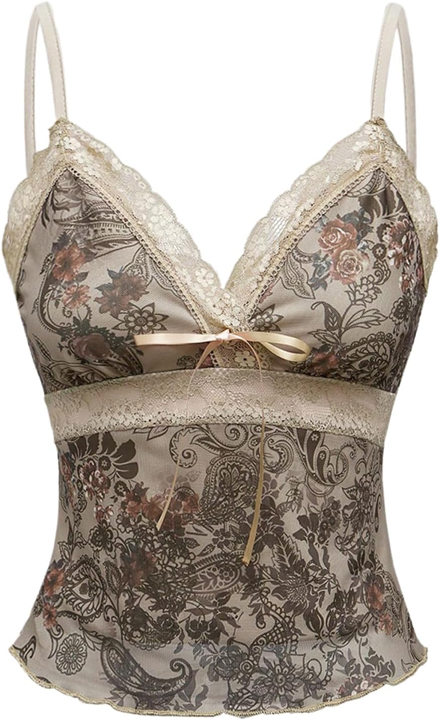 Milumia Women's Paisley V Neck Lace Cami Crop Tops Y2k Spaghetti Strap Tank Top