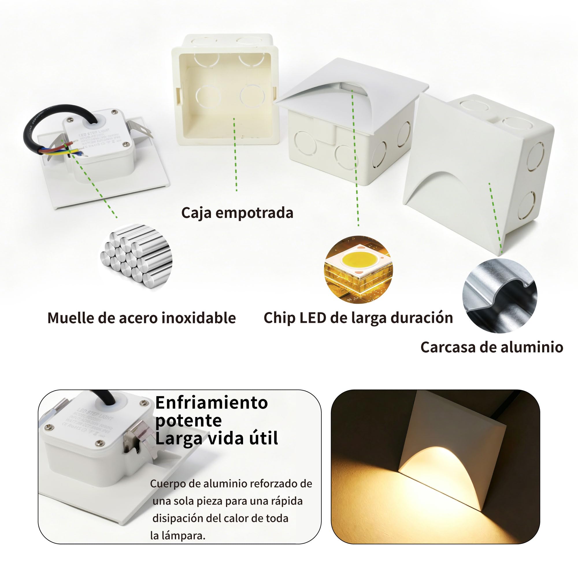 Foco Luz LED Escalera Aplique Empotrable 1W 220V Blanco Cálido 3000K 4uds