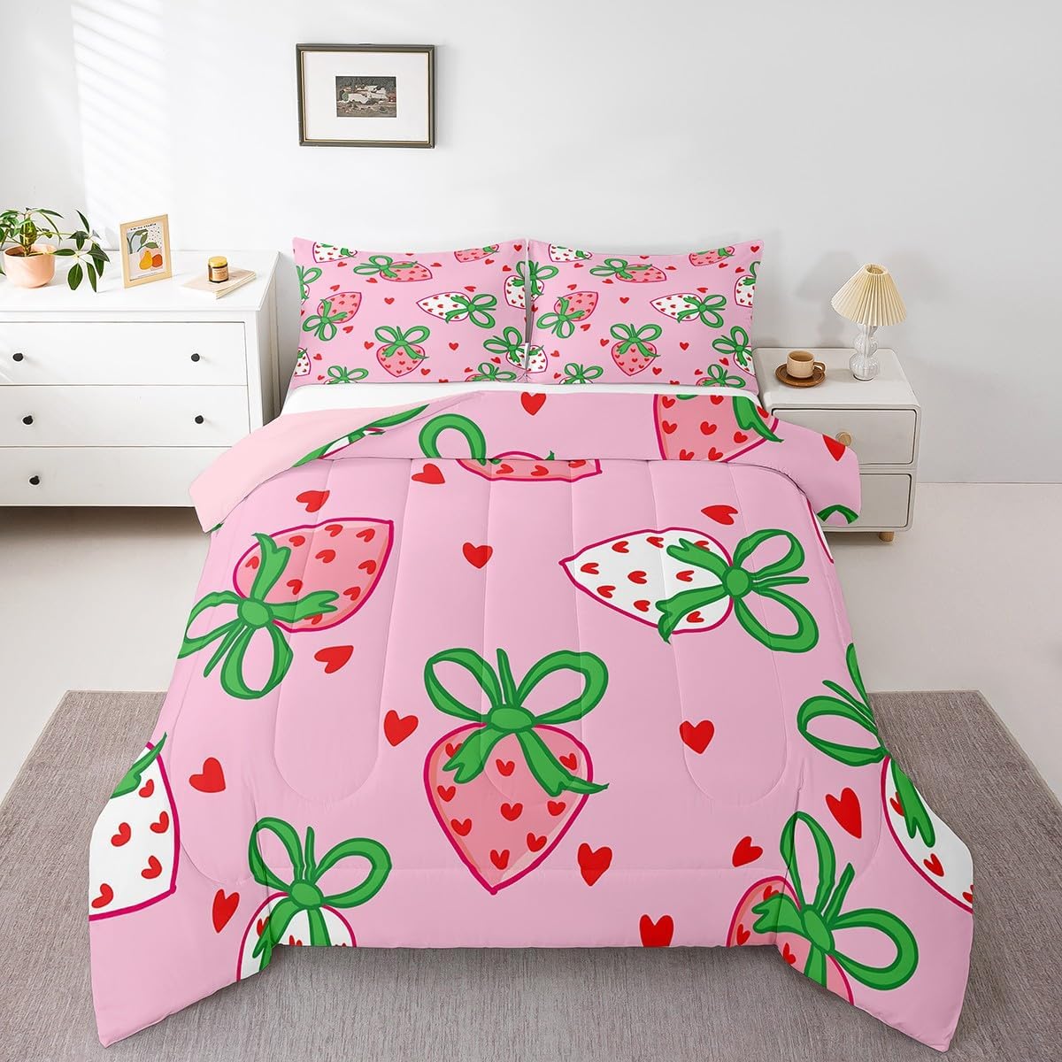 Feelyou Cute Fruit Bed Comforter Set Toddler Size,Kids Girls Red Love Herat Print Bedding Set for Adults Teens Pink Strawberry Bowknot Bedding Set Room Decor Girly Bedroom Decor Bow Decor