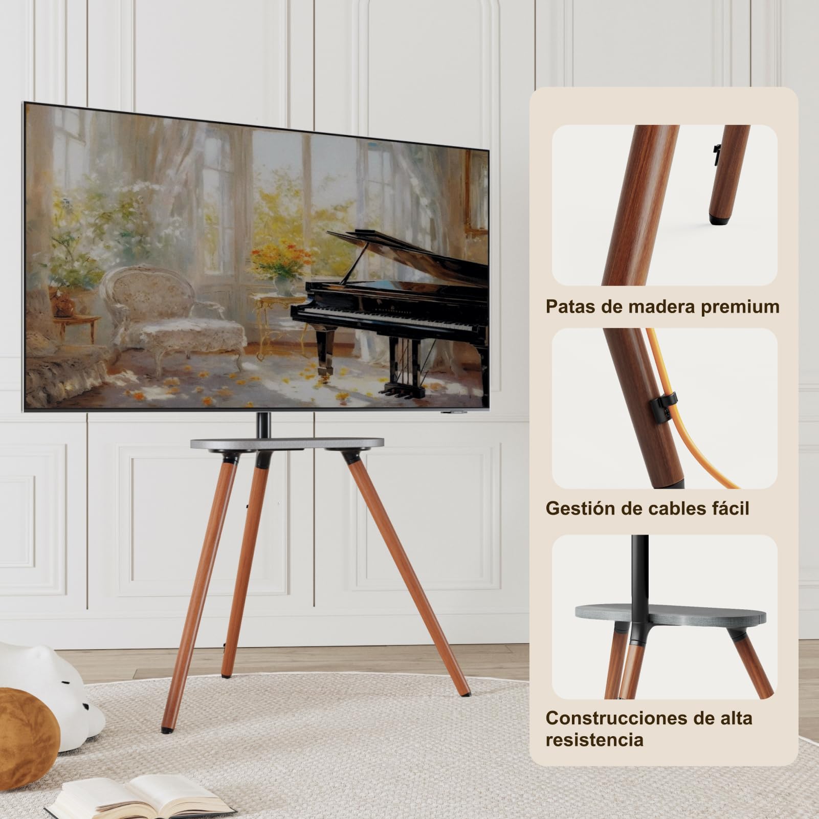 Caballete de TV para Pantalla LCD LED OLED de 43 a 65 Pulgadas | hasta 35 kg, altura regulable y orientable, soporte portátil de madera con bandeja, máx. VESA 400 x 400 mm, Madera Negra