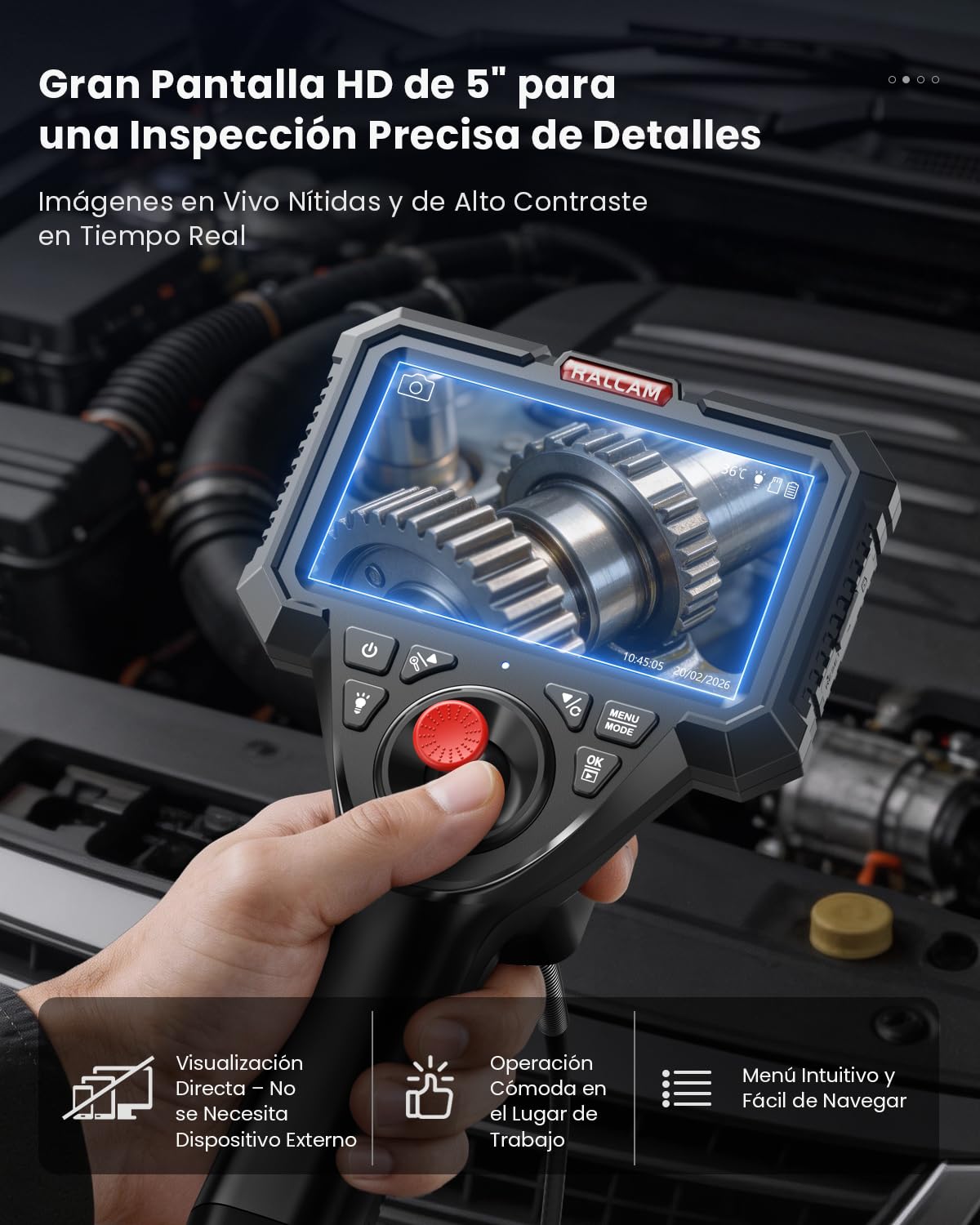 Ralcam Cámara Endoscópica Industrial con Cable de Serpiente Reemplazable, Pantalla HD de 5", Sonda Articulada 4 Vías y Joystick SUS304, Cámara 6,2 mm, Cable Impermeable, 1,5 m para Autos y Tuberías