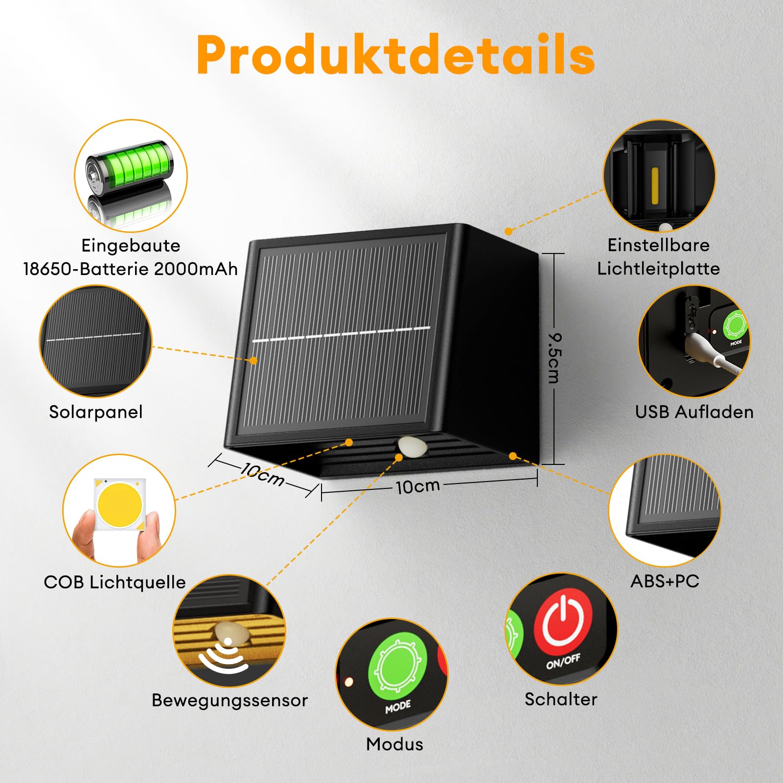 Solarlampen für Außen mit Bewegungsmelder, 2000mAh, 2 Lademodi & 3 Lichtmodi, IP65 Wasserdichte Solar Wandleuchte Auf und ab Einstellbar Lichtstrahl für Garten Balkon Terrasse Treppen (2 Pack)