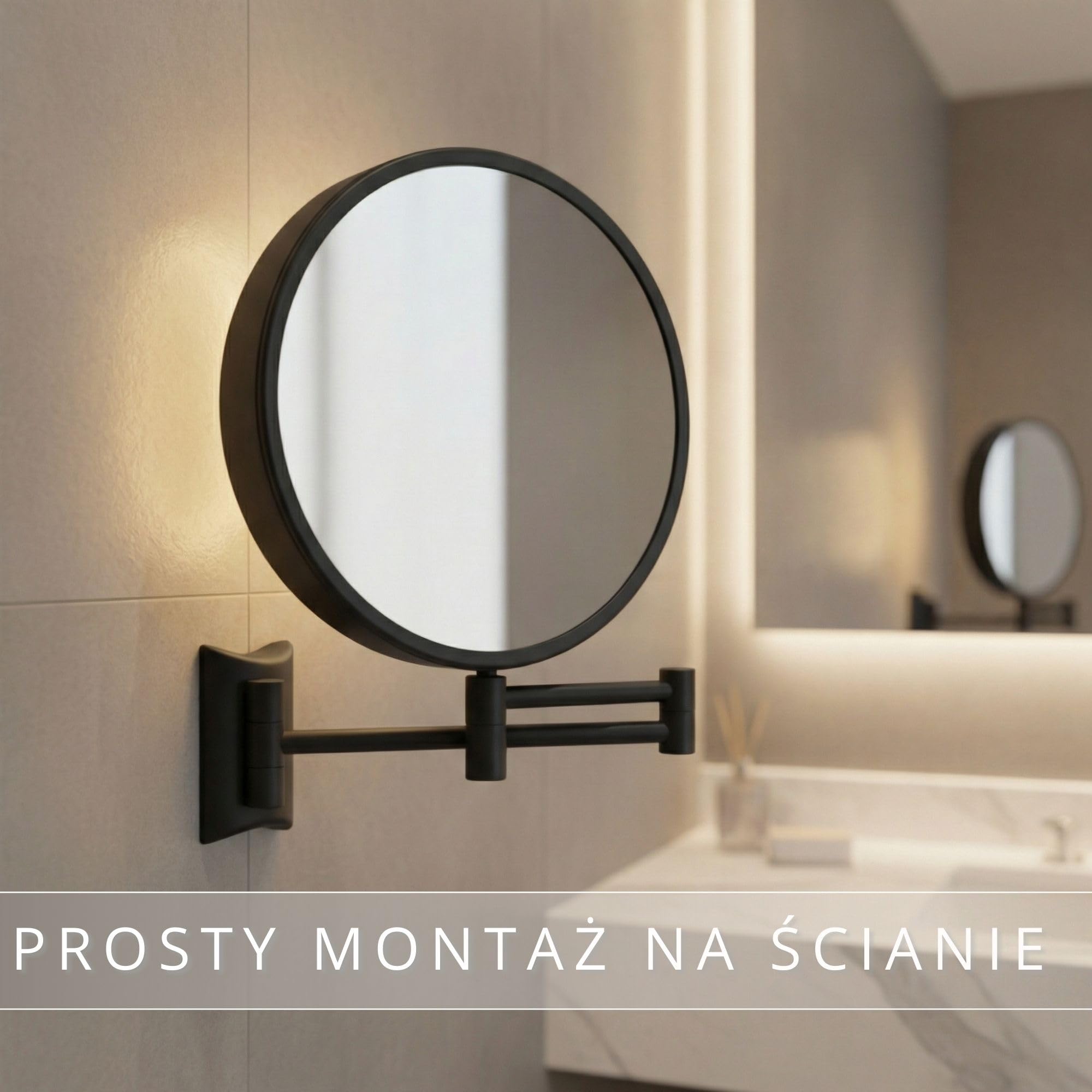 Imola Lusterko Kosmetyczne Ścienne – Obrotowe 360° – Dwustronne Lusterko do Golenia z Powiększeniem 3x i 7x – Wysuwane Ramię, Czarny Metal, Ø 19 cm