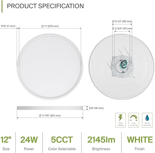 Miniatura 2 de ASD Lámpara LED de techo empotrada redonda de 12 pulgadas, iluminación de superficie de perfil bajo | 5CCT, regulable, ultrafina, certificación ETL