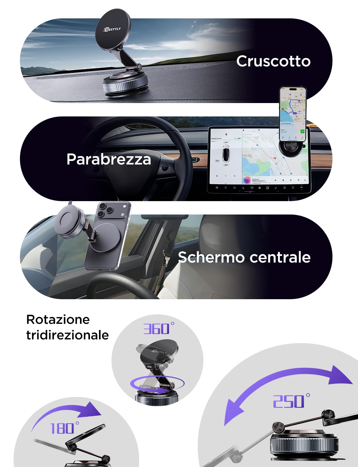 MSXTTLY Supporto Telefono Auto, Vmag-S2 2026 Supporto Magnetico a Vuoto, Forte Aspirazione, Rotazione 360°, Compatibile con iPhone 17-12 Pro MAX e Android Nero