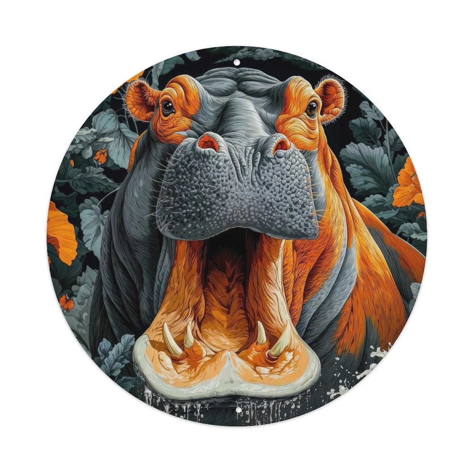 Hippo Animal with Hibiscus Flowers Tropical Wildlife Illustration Vintage Metal Tin Sign Plaque Wall Decor for Cafe, Club Bar, Office, Garden Metal Poster 8x8Inch