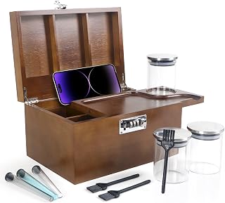 Premium Brown Storage Box,Decorative Bamboo Box with Combination Lock,Ultimate Wooden Box Kit with Sliding-Tray, 3-Pack Glass Jars Accessories Tools for Gift.