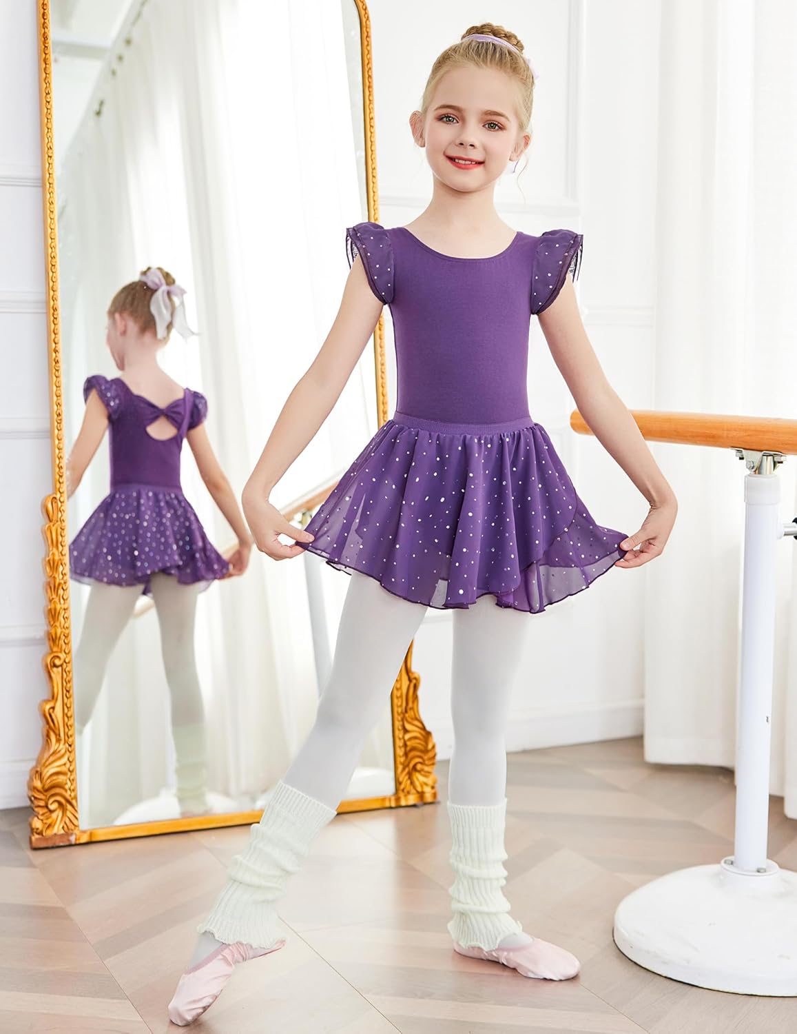 Zaclotre Ballet Leotards for Girls with Removable Skirt Toddler Ruffle Sleeve Bow Back Dance Dress Combo - Image 4