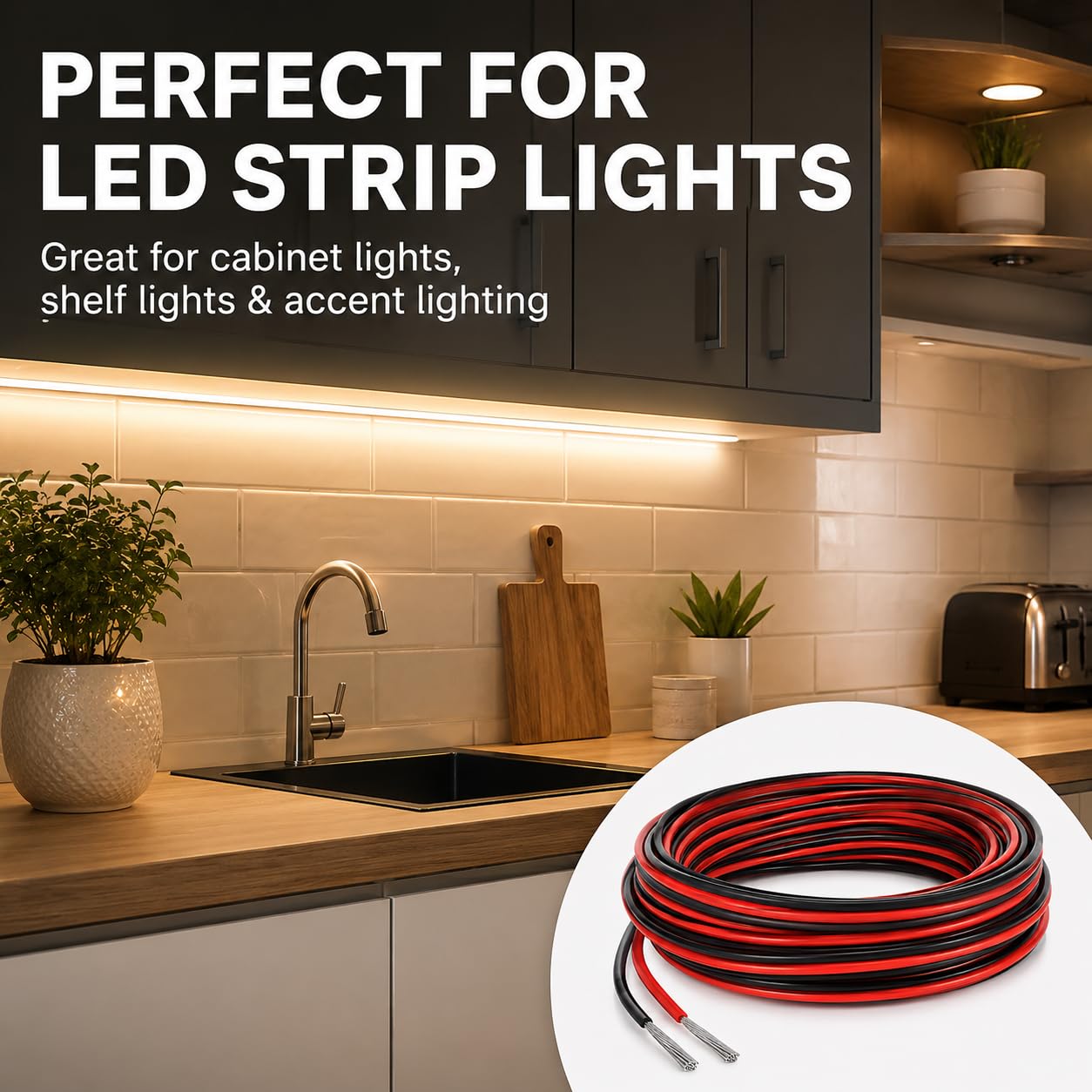 Cable de extensión de luz RV para tira de luces interiores LED, cables de 66 pies y 22 AWG para caravana, caravana, remolque, carga, furgoneta, techo, techo, toldo, porche, luz subterránea