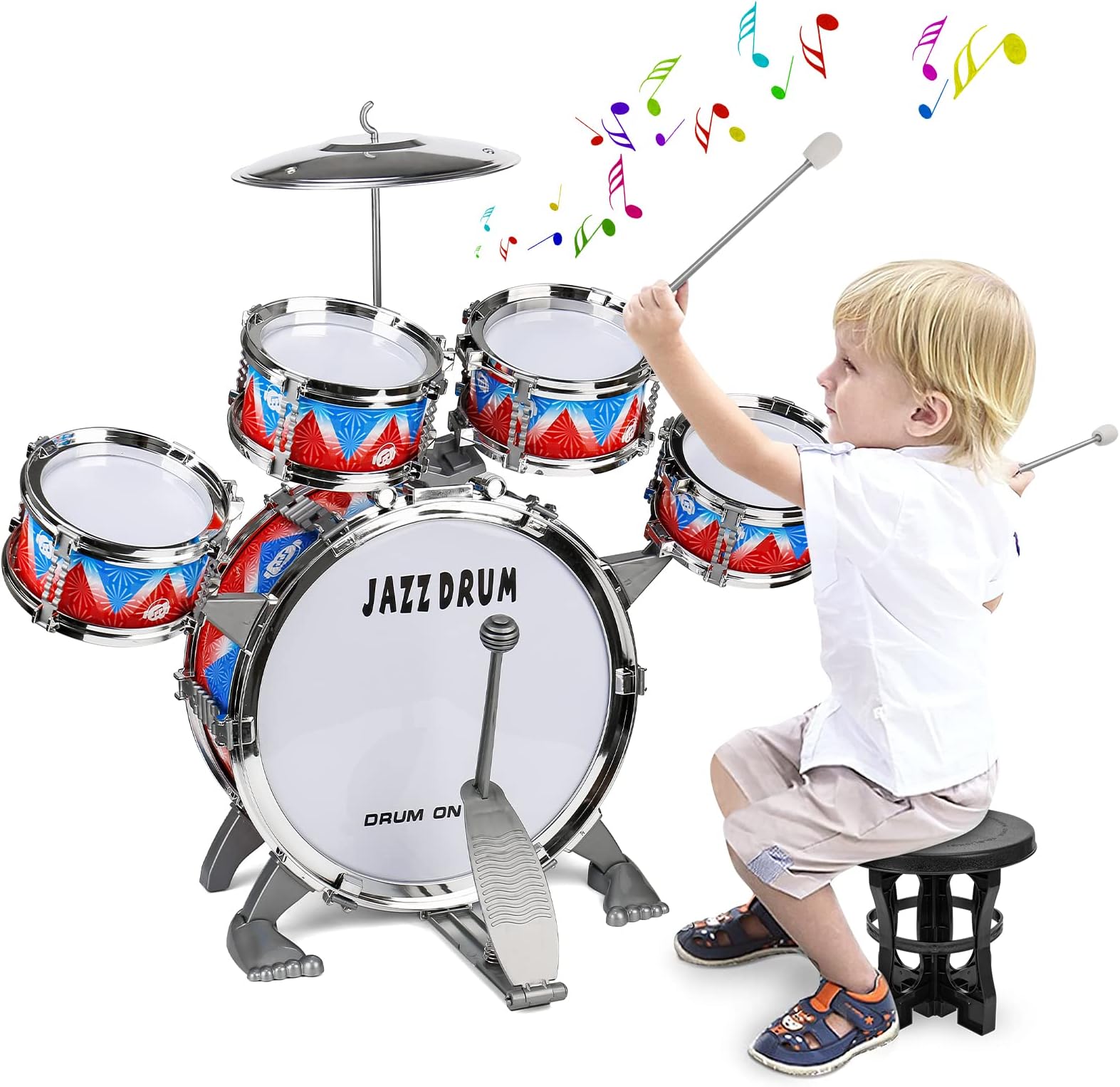 Kids Drum Set, Toddler Jazz Drum Kit for Toddler Toys 5 Drums with Stool Pedal Percussion Musical Instruments Drum Toy Birthday Early Education Xmas Gift Toys for 2 3 4 5 Year Old Girls Boys