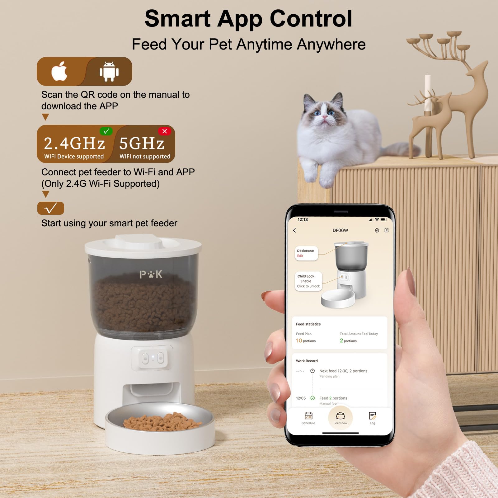 PUPPY KITTY Distributore Automatico Cibo Gatti, 2.4G WiFi 3L Dispenser Cibo Gatti con Ciotola in Acciaio Inox, 1-6 Pasti al Giorno