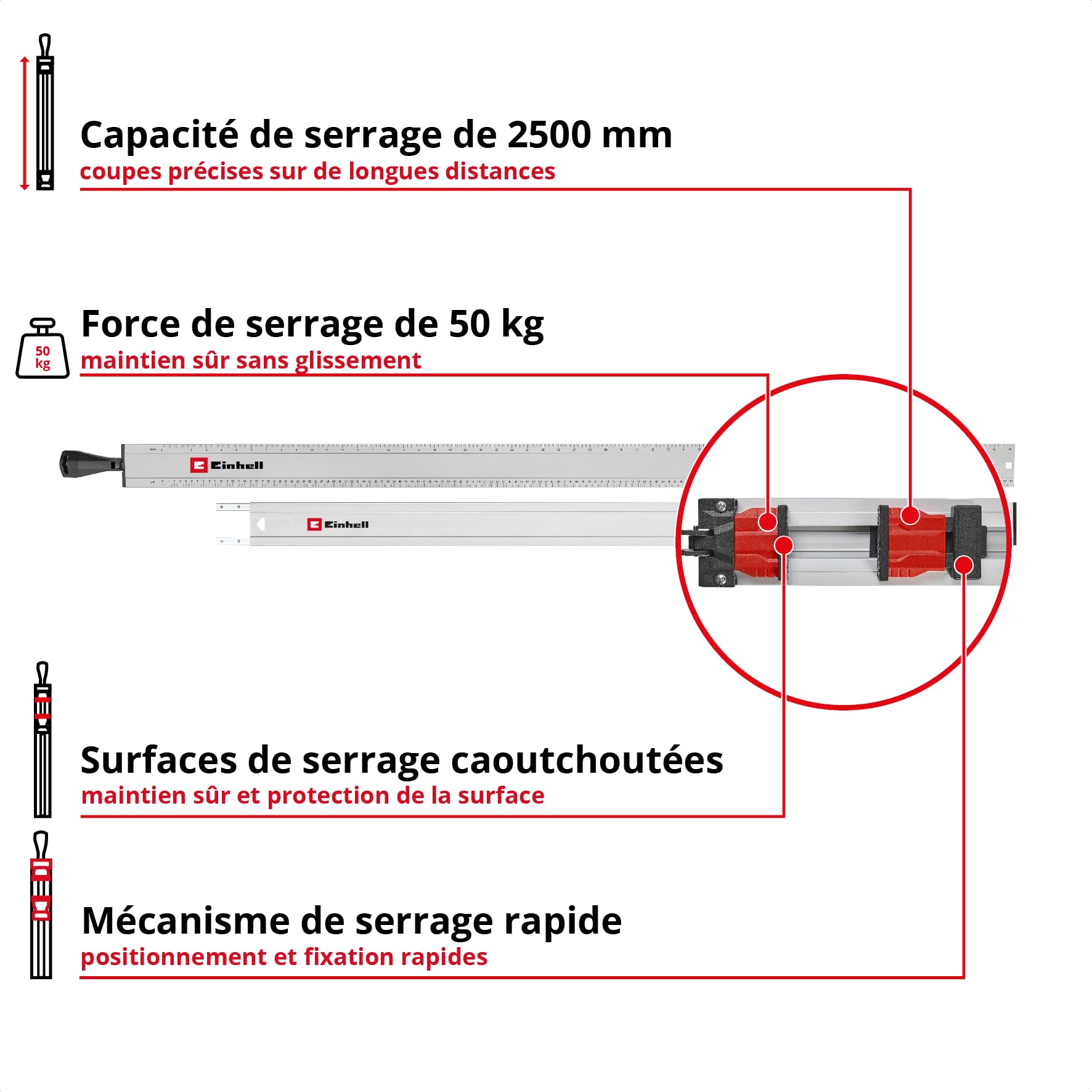 Einhell Rail de guidage universel, 2 pièces (capacité max. 2500 mm, force 50 kg, profilé aluminium, surfaces antidérapantes, serrage rapide, pour scies sauteuses et circulaires portatives) | Capacité de serrage max. 2500 mm | force de serrage 50 kg | prof