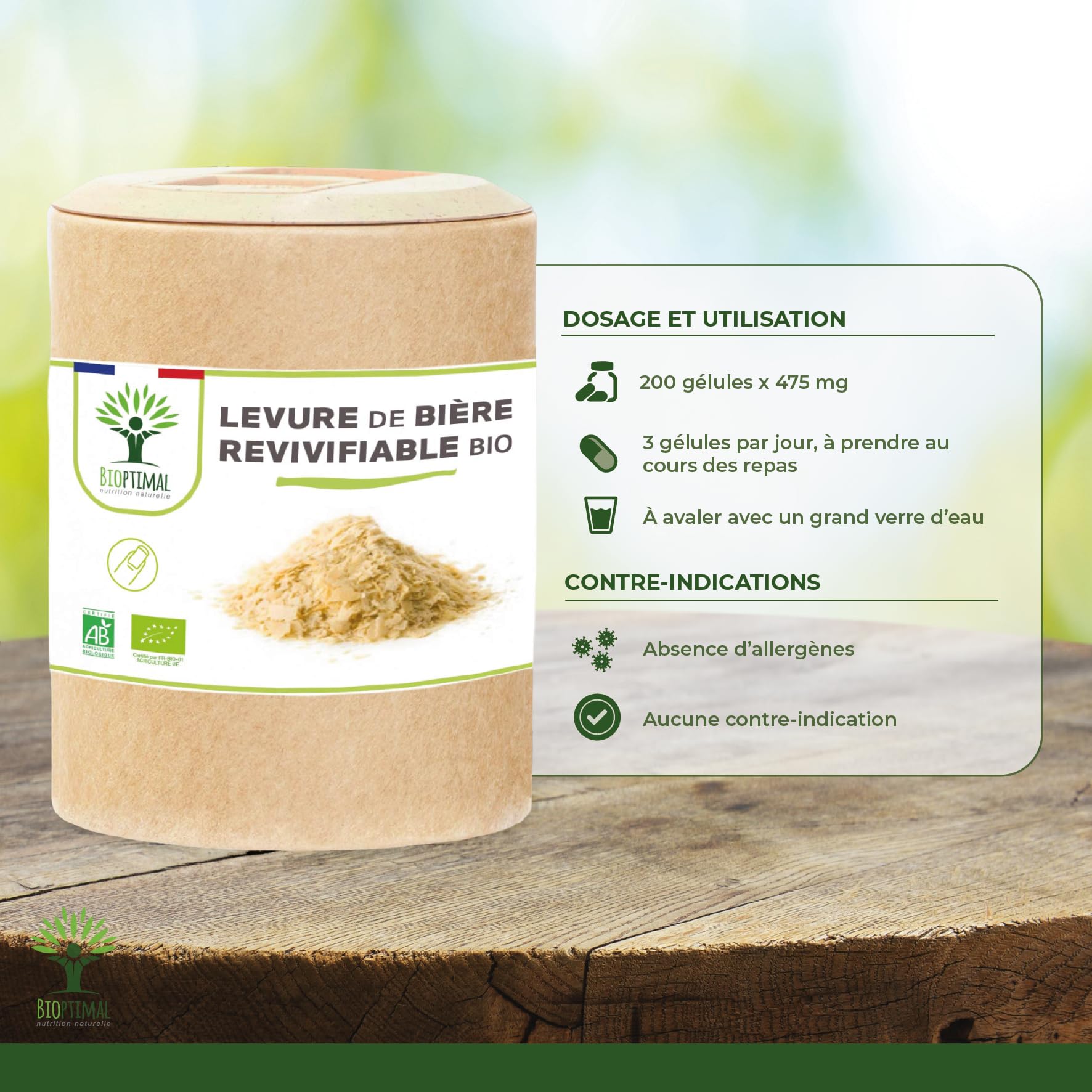 Levure de Bière Bio Revivifiable - Bioptimal - Complément alimentaire - Vivante & Active - Peau Cheveux Ongles - Digestion Transit Probiotique - Fabriqué en France - Certifié par Ecocert - 200 gélules