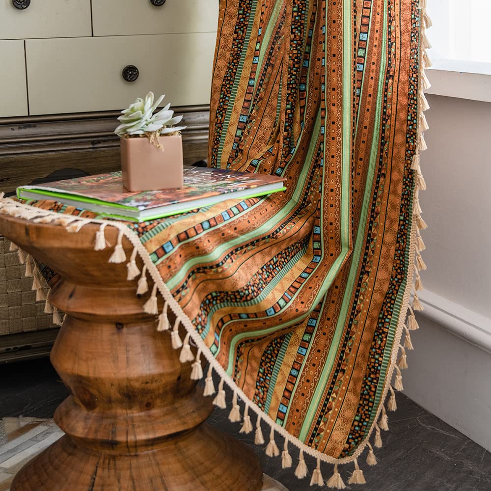 Erwinmu Farmhouse Boho Striped Tassels Window Curtains Semi Blackout Bohemian Geometric Lattice Print Linen Rod Pocket Curtains for Living Room