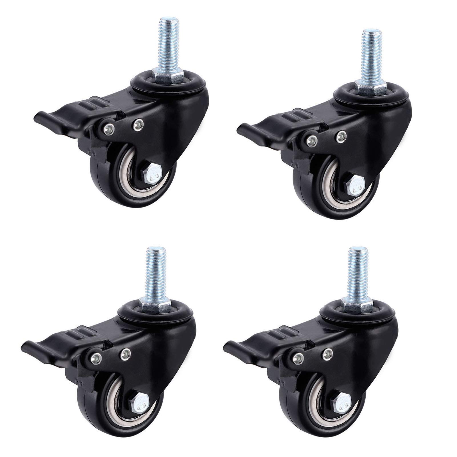 Ruedas giratorias resistentes, 4 unidades de 2/1,5 pulgadas, rosca M8/M10 para muebles, giro de 360°, silenciosas, con doble rodamiento, con frenos, color negro, para mesita de noche y mesa (1,5 pulga
