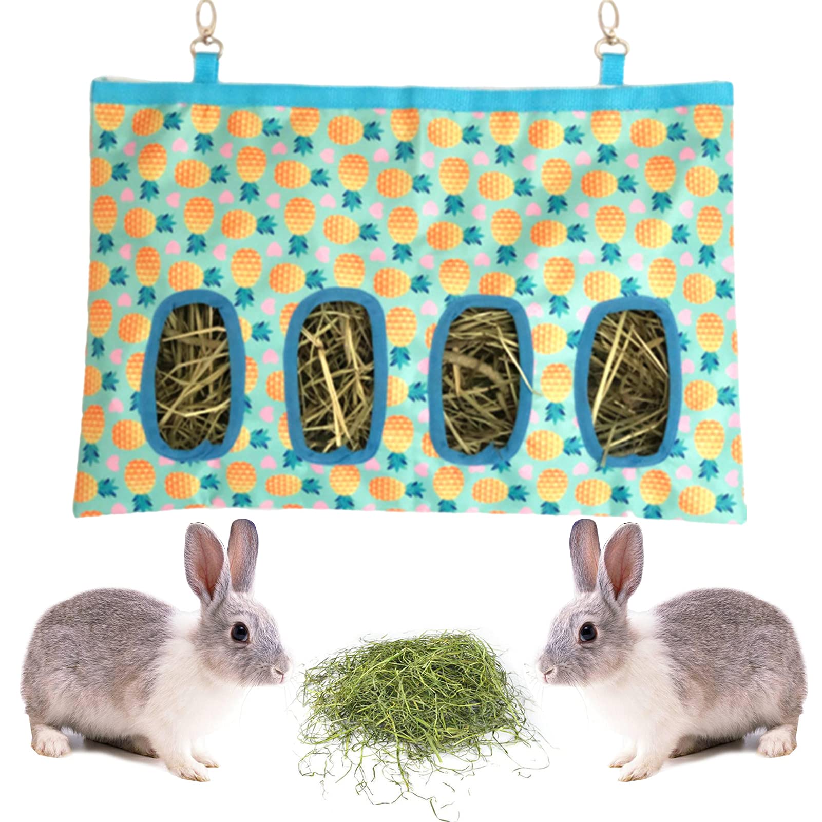 Kaninchen-Heu-Futtersack, faltbar, kleine Haustiere, Heu-Aufbewahrung, waschbar, niedlicher Spender-Futtersack mit 4 Futterlöchern, hängende Futter-Heu-Aufbewahrung, täglich benötigter Fütterungshel