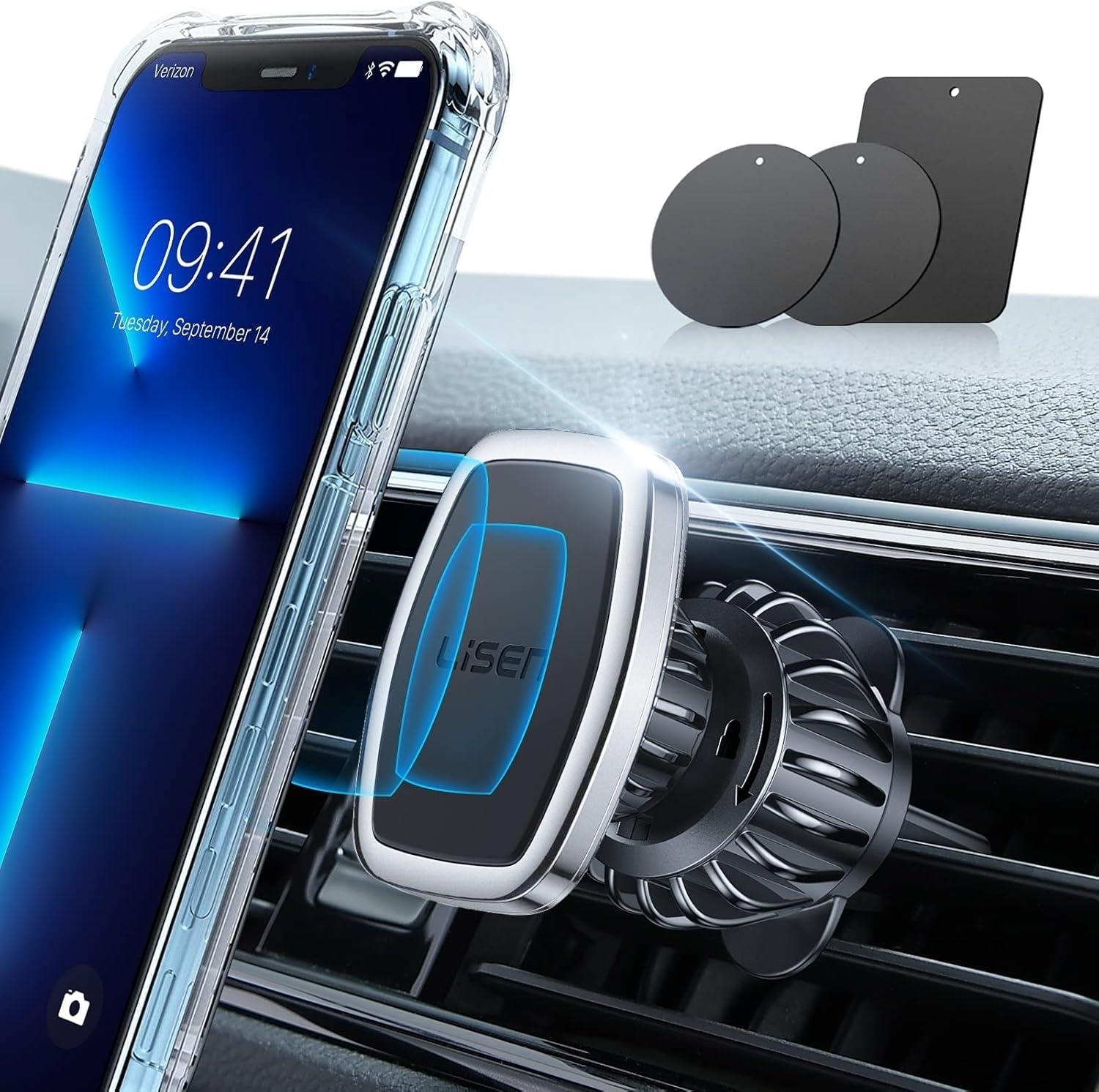 LISEN 2023 - Supporto per cellulare da auto, con magnete più potente, con 6 calamite, 3 piastre metalliche, compatibile con iPhone Samsung C
