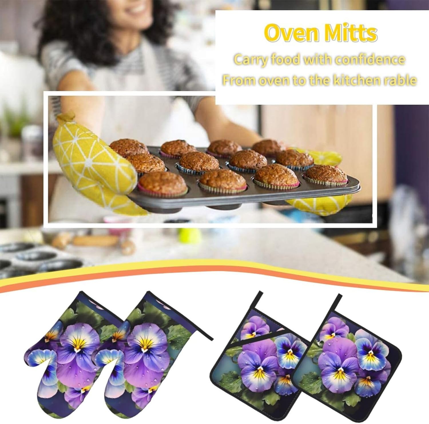 (Pansy Perfection) Baking 4-Piece Set: 2 Oven Mitts and 2 Pot Holders Heat Resistant Waterproof Hanging Loop for Kitchen Oven Grill Housewarming Gifts