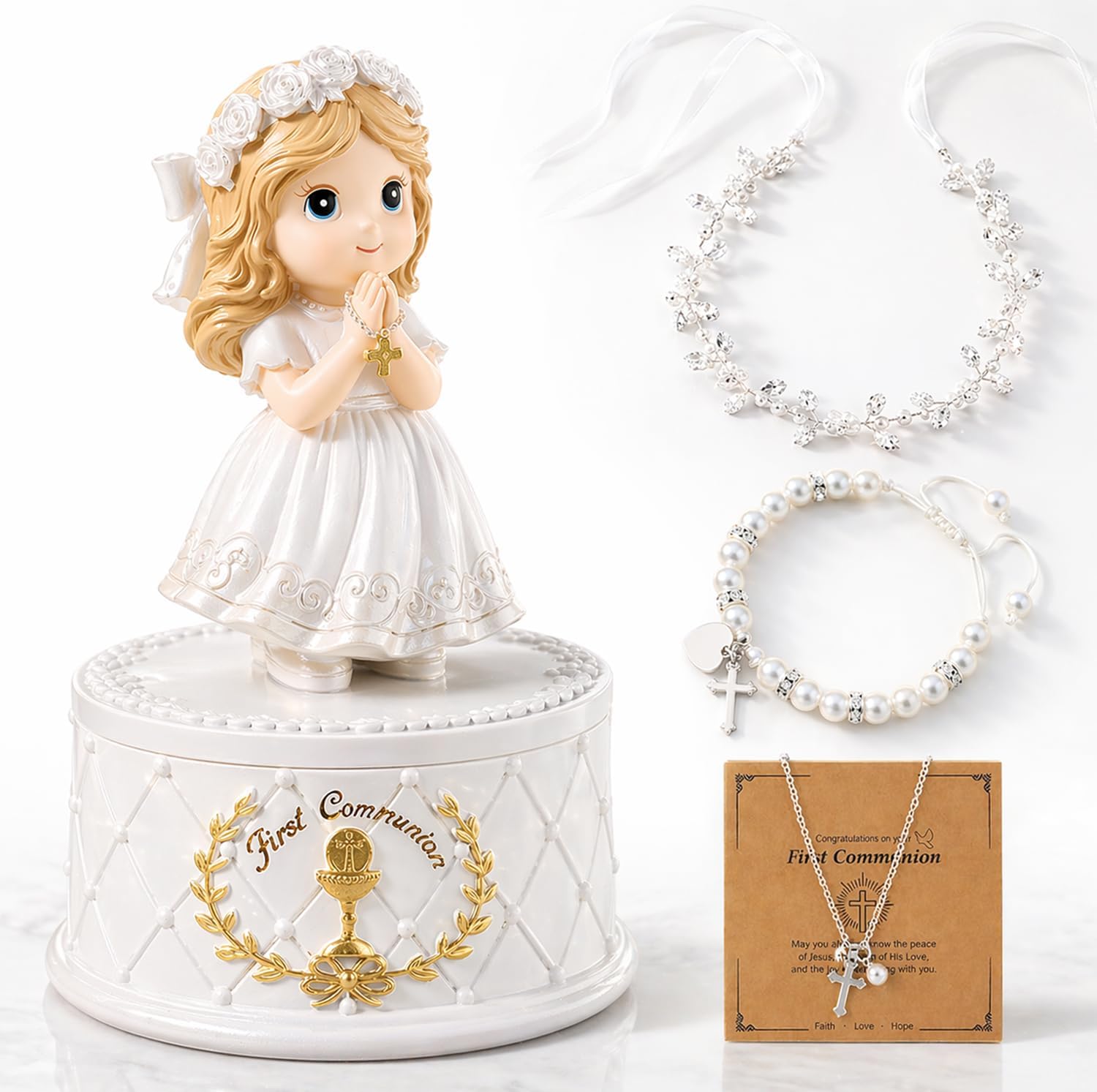First Communion Gifts for Girls- First Holy Girl Figurine with Keepsake Box & Flower Girl Headpiece & Cross Necklace & Cross Bracelet Included, 1st Communion Gifts for Girls