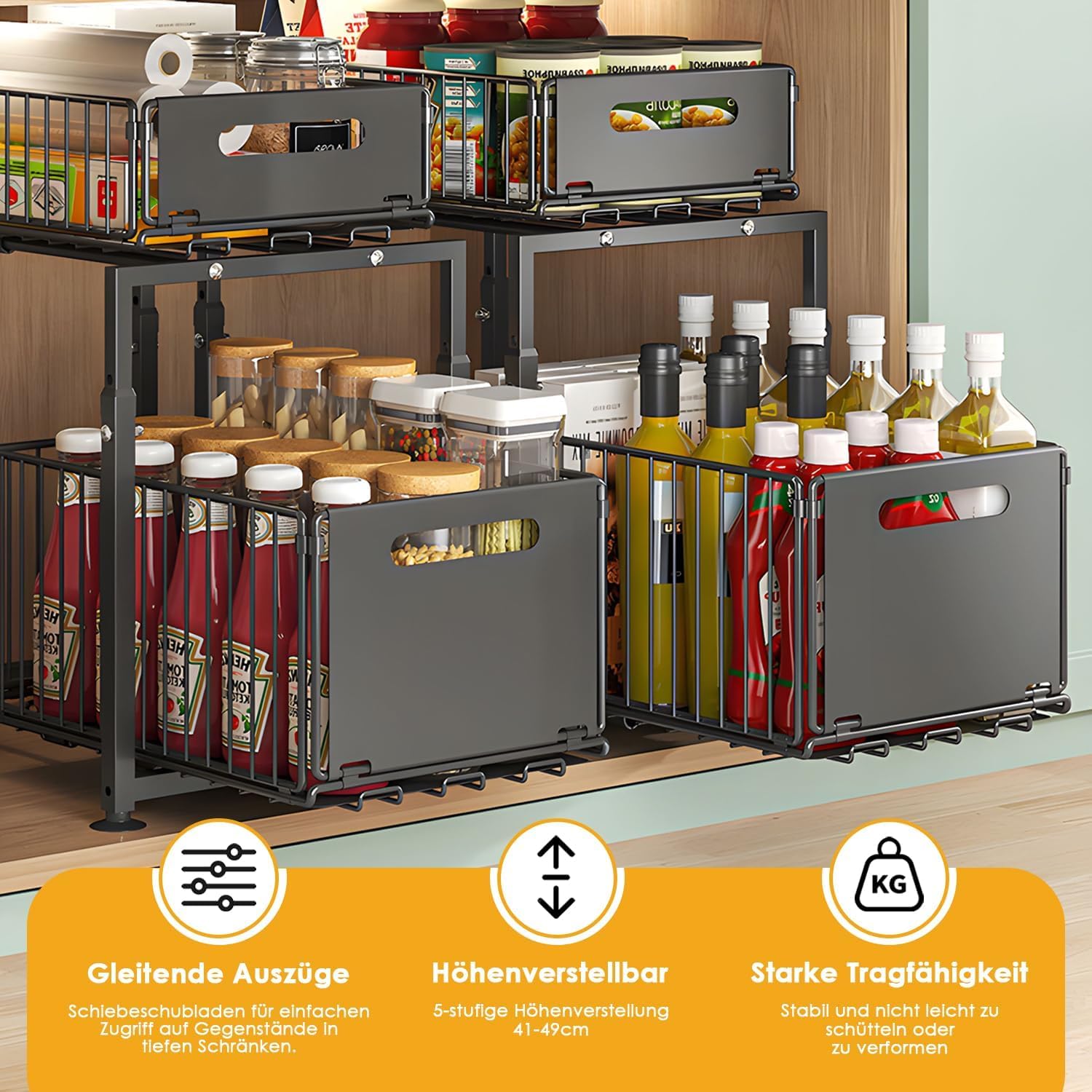 Rangement sous Évier en Métal à 2 Niveaux, Coulissant Organisateur Sous Evier, Organiseur Hauteur Réglable, Rangement Produits Menagers, Rangements Cuisine, pour Cuisine, Bureau, Bain