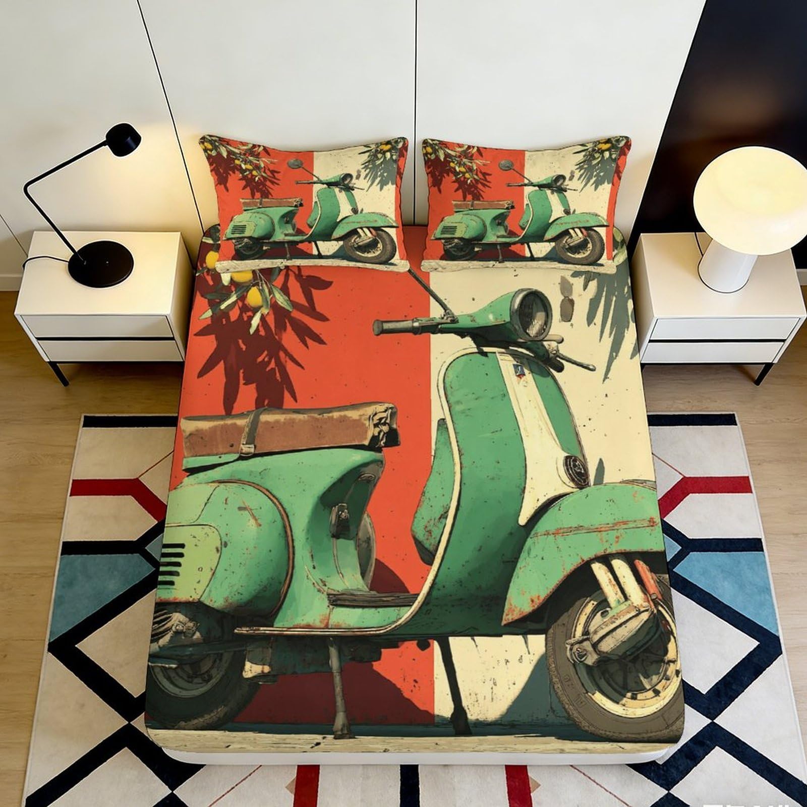 Qjzxknhpgr Style-9 3D Printed Retro Green Scooter Fitted Sheet Microfiber Soft Bed Cover For Bedroom Decor Dorm Youth Mattress Protection 90X200x25cm