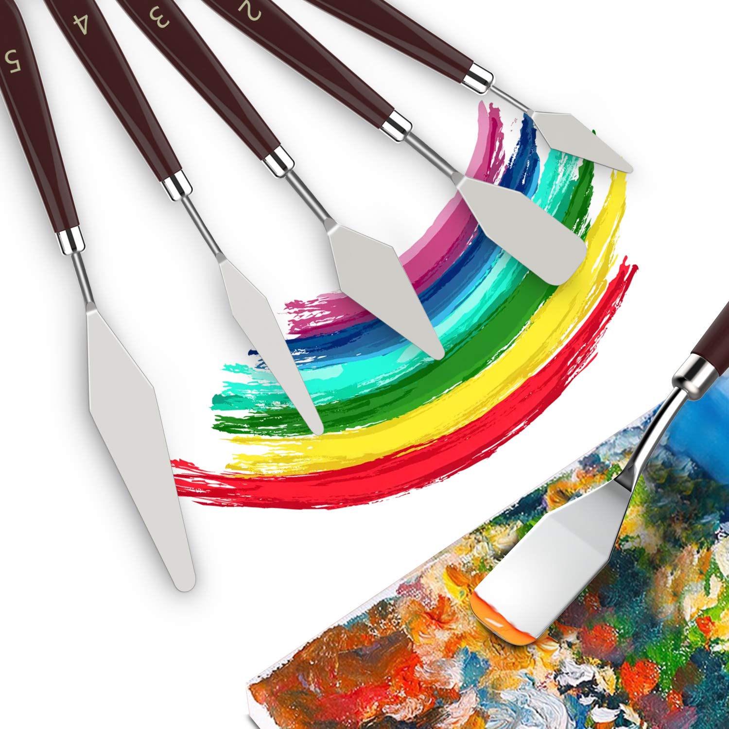 Dadanism 5 Pieces Painting Knives Thin & Flexible Stainless Steel Palette Knife Set Oil Painting Metal Knives Color Mixing Scraper Painting Art Spatula Palette Knife Tools - Reddish Brown 3