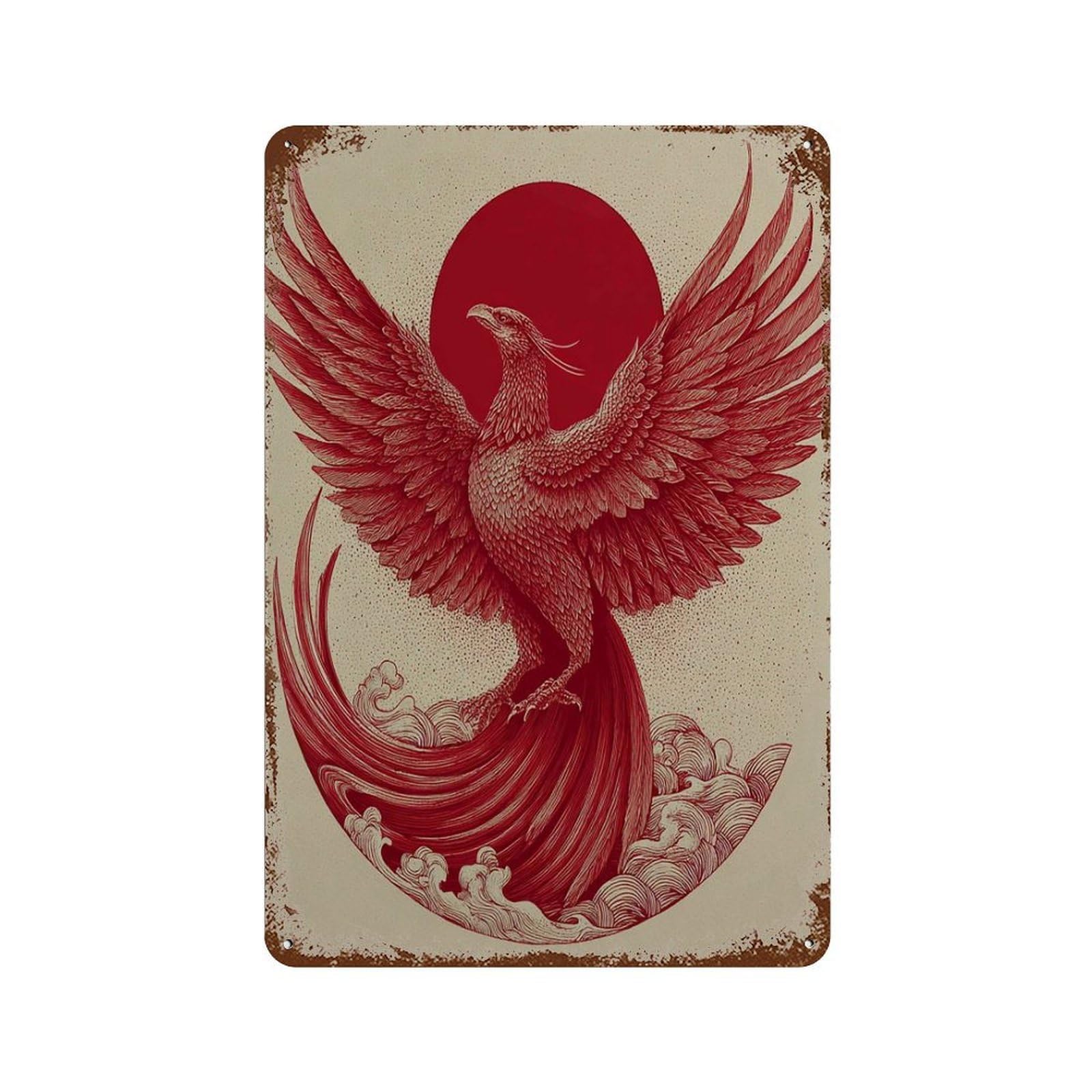 xiaoxiaoshen Red Phoenix Japanese Inspired Mythical Bird Rising Sun Modern Oriental And Fanta Wall Decor Art Metal Tin Poster Modern Home Decor Art Home Bar Shop Decorations Vintage Sign 30x20cm