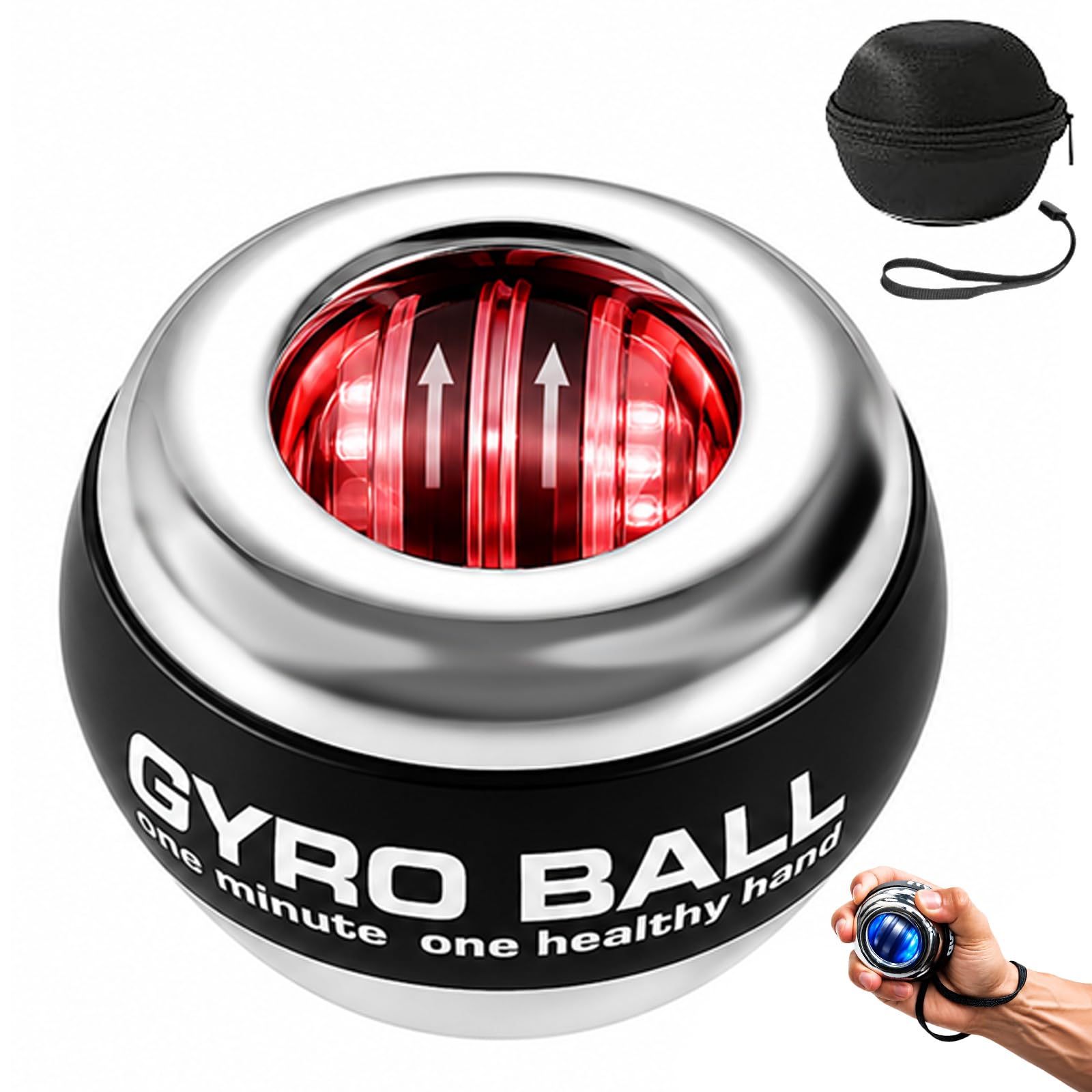 BeSokar Gyroball, Pallina Giroscopica per Allenamento Polso, 5 Livelli di Resistenza, LED, con Borsa e Braccialetto (Guscio metallico)