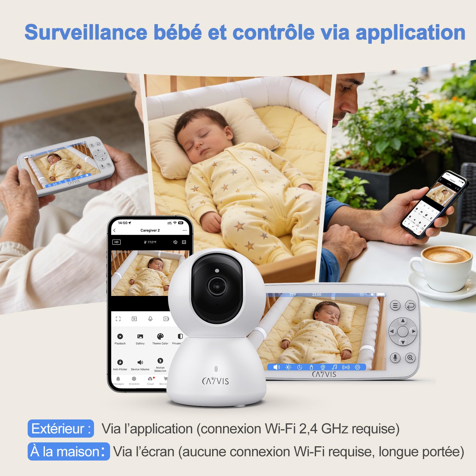 Babyphone Camera 1080P+ Moniteur vidéo 5" LCD-IPS, Baby Caméra Vidéo et Audio APP,PTZ 355°, Enregistrement, Surveillance Mouvements, Berceuses,Baby Phone Monitor, Caméra Bebe