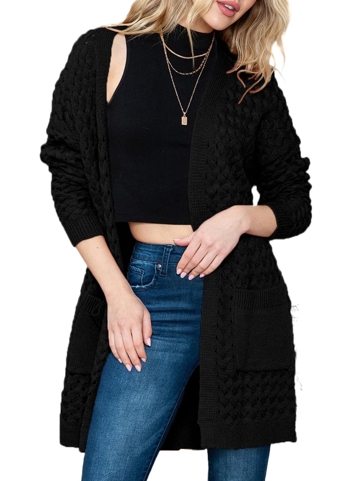Chaqueta larga de punto para mujer, chaqueta de punto frontal abierta, abrigo con bolsillos, ropa exterior holgada informal para uso diario, Negro , S