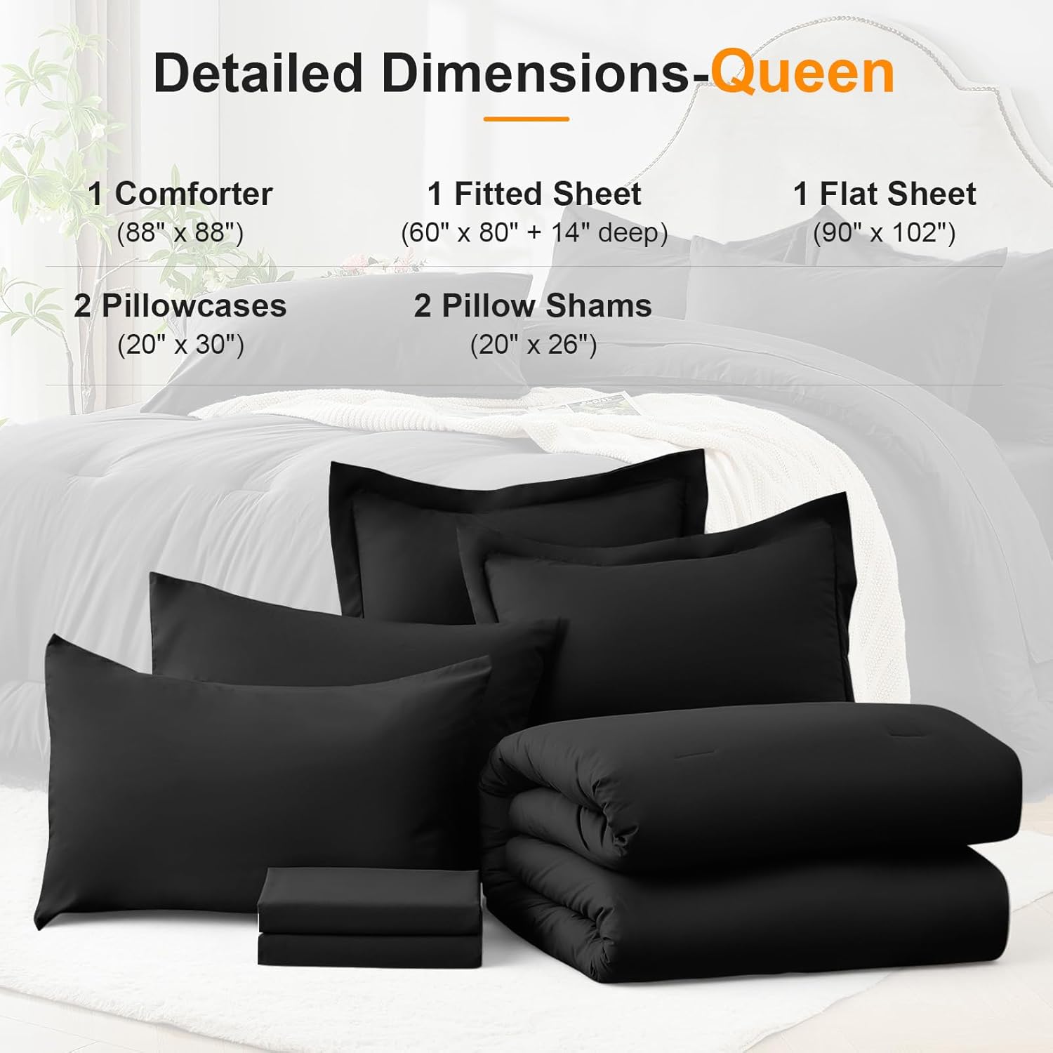 Queen Comforter Set 7 Piece - Black Soft Bed in a Bag Queen Size Comforter Sets, Cozy Luxury Bedding Sets with Down Alternative Comforter, Flat Sheet, Fitted Sheet, 2 Pillowcases & 2 Shams - Image 7