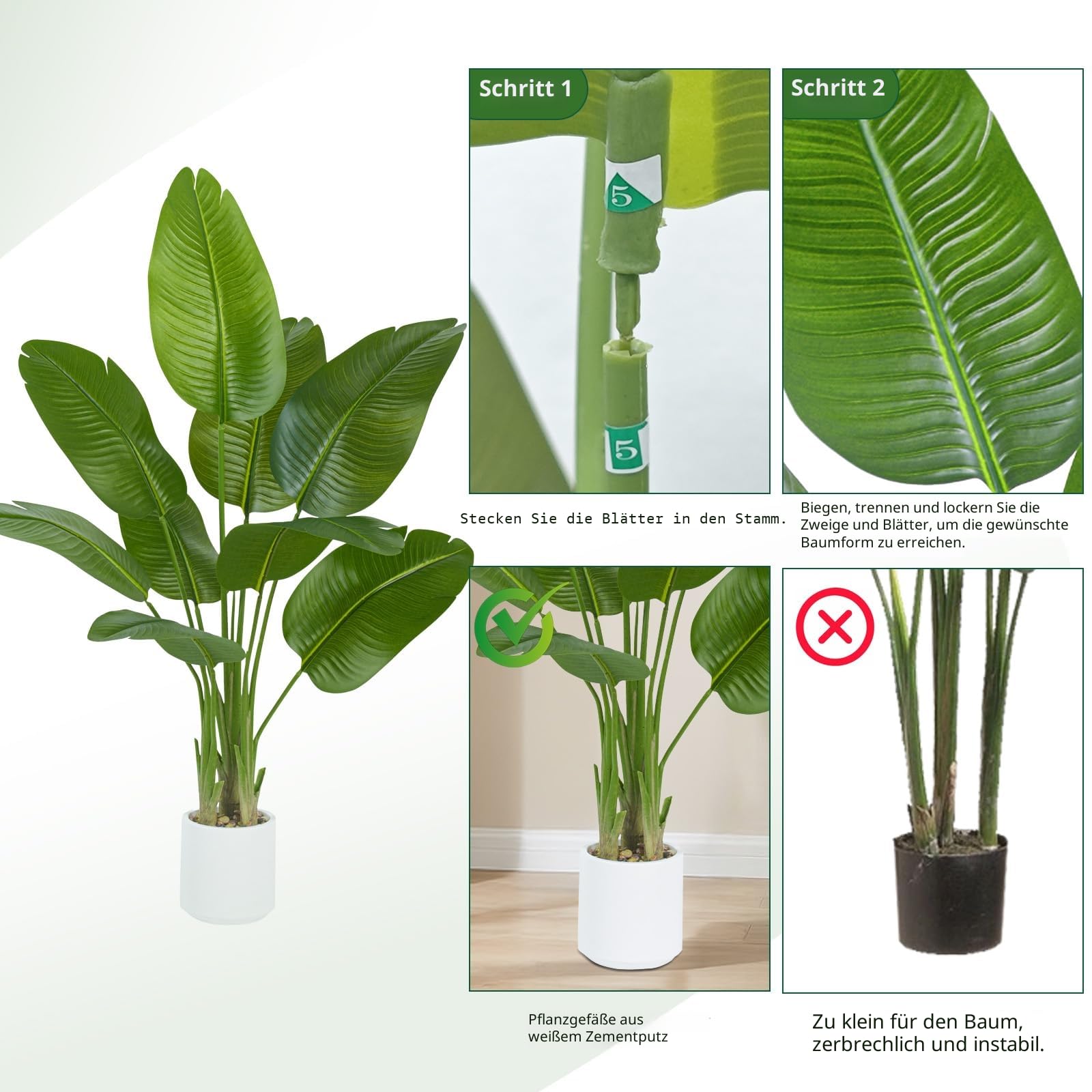 Künstliche Paradiesvogel Pflanze, Feaux-Pflanzen Im Weißen Topf, Kunstbaum, Künstliche Pflanze Für Drinnen Und Draußen, Moderne Dekoration Für Zuhause, Wohnzimmer, Büro (2 Pack, 120CM)