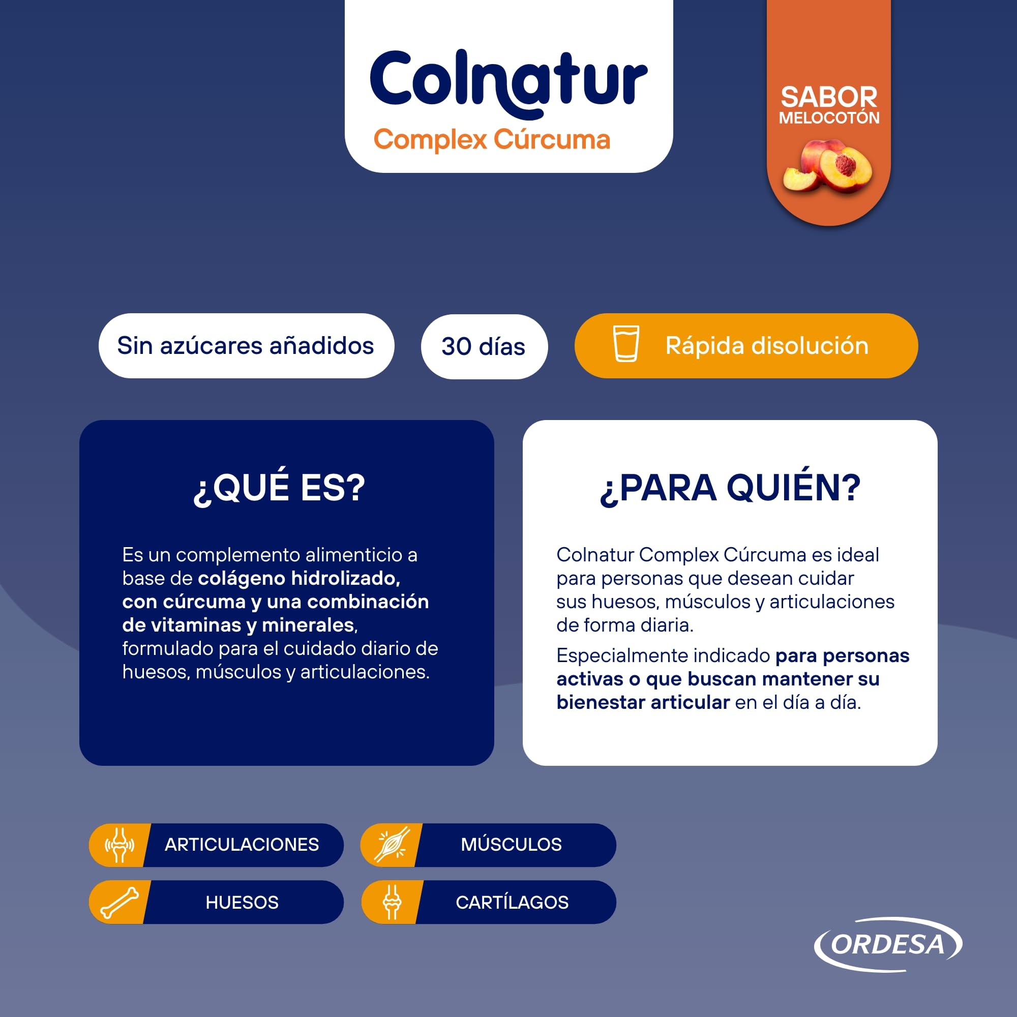 Colnatur Complex Cúrcuma Sabor Melocotón | 254g | Colágeno con Magnesio, Cúrcuma y Vitamina C para Músculos y Articulaciones