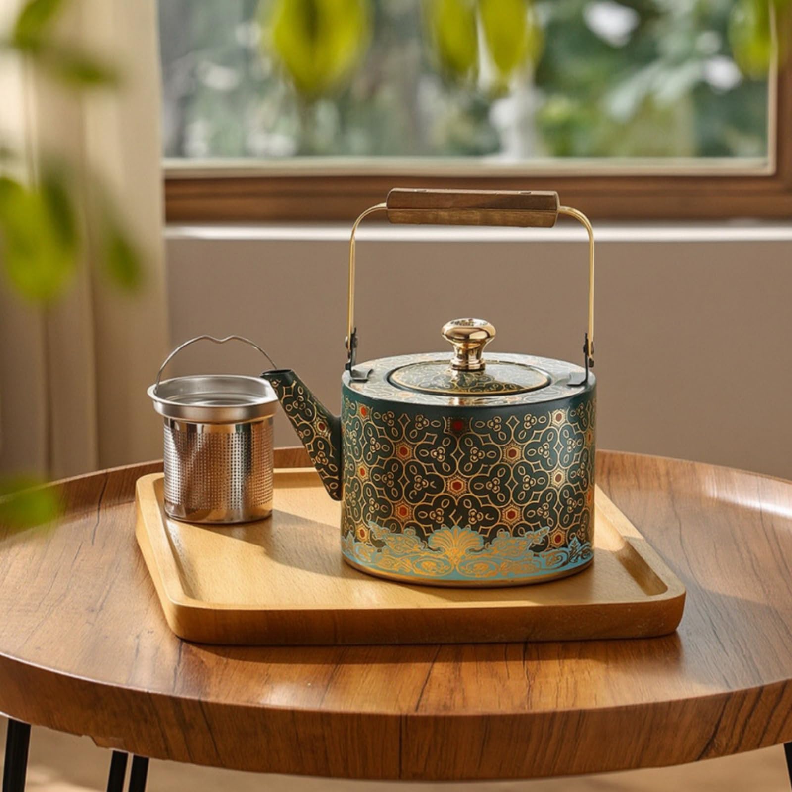 Qianly Tetera con Colador Vertedor Larga Tetera Acero Inoxidable Resistente a la Oxidación Hervidor para Aficionados Al Té, 1.5L, Estilo 8 Verde Con Patrón Dorado Y Base Ancha